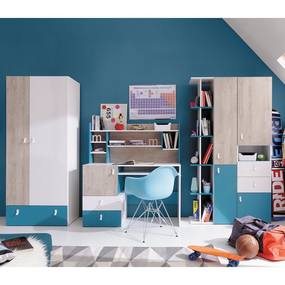 Lomadox Jugendzimmer-Set PITTSBURGH-133, (Sparset, 5-tlg), mit Schreibtisch & Kleiderschrank, weiß/Eiche/blau