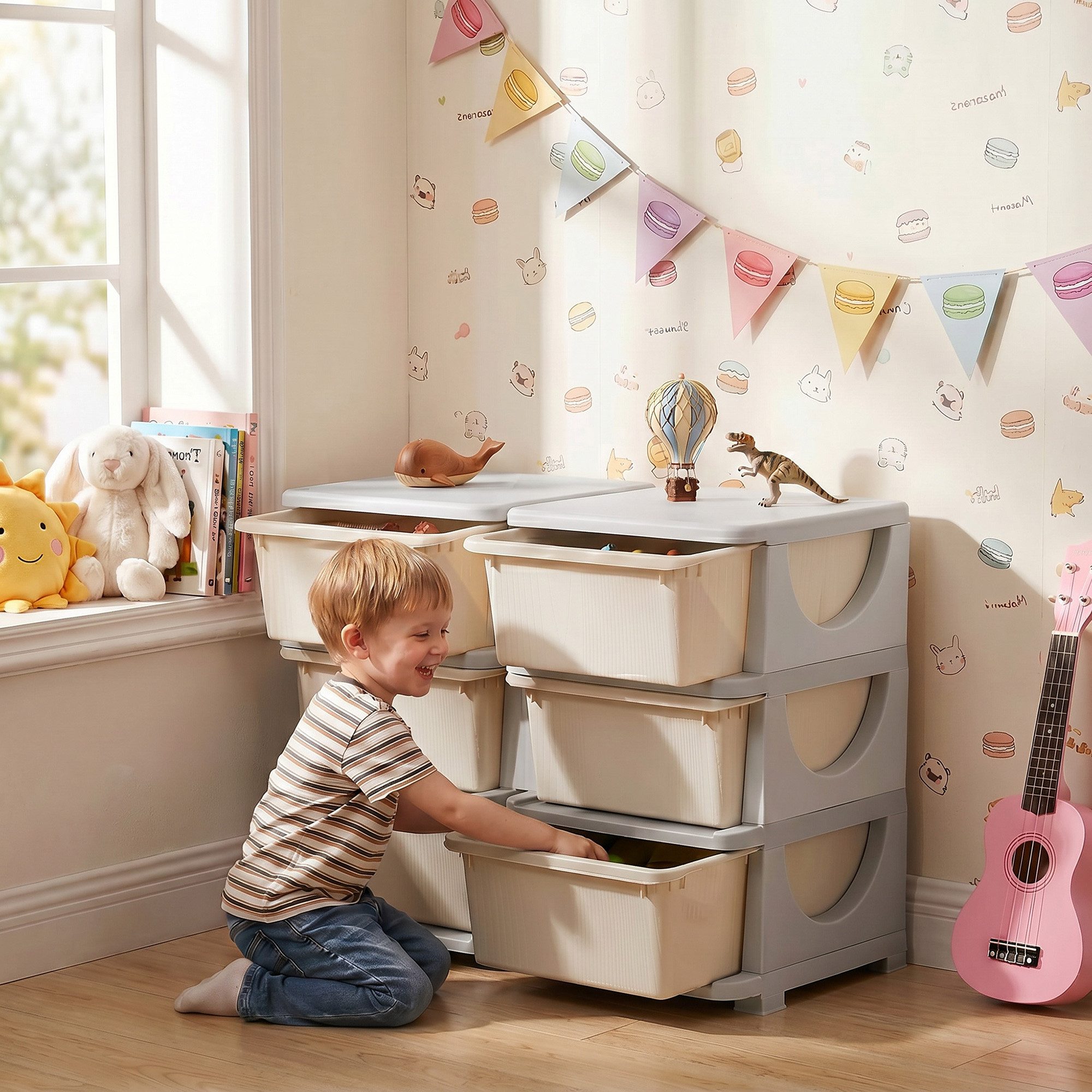 HOMCOM Spielzeugtruhe Schubladenschrank für Kinder, mit 6 Ebenen (Spielzeugkiste, 1 St., Aufbewahrungsbox), für Kinderzimmer, Cremeweiß