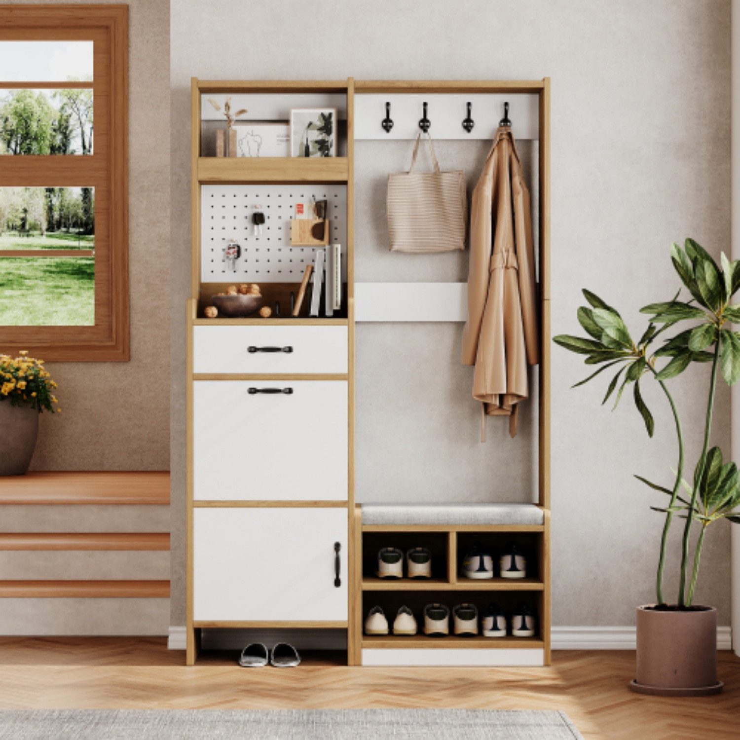 ANYSUN Garderoben-Set Schmale Garderobe mit Sitzbank, Schuhschrank, Kleiderhaken & Stauraum