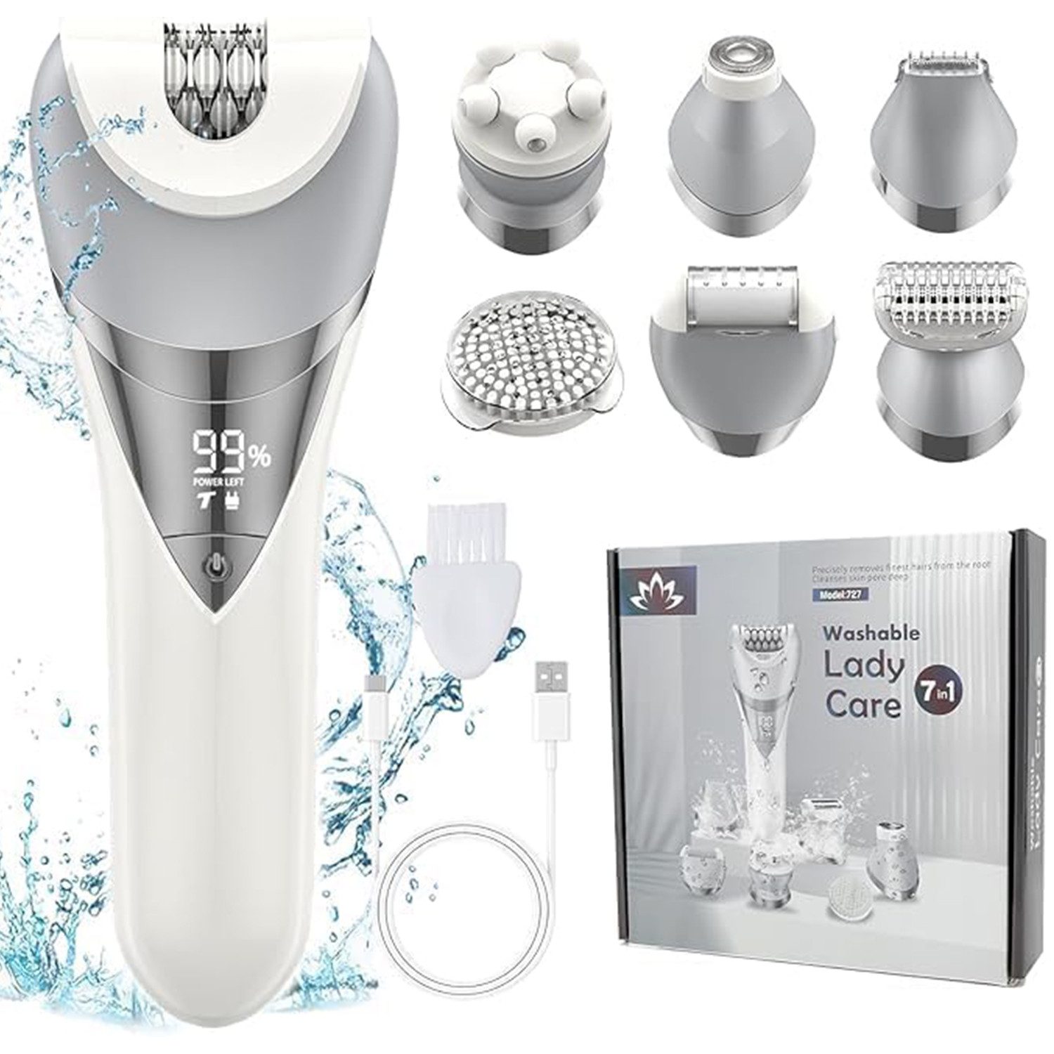 Refined Living Epilierer Epilierer für Damen 7-in-1-Haarentfernungsgerät für Frauen Wasserdicht, für Gesicht, Beine, Augenbraue, Nasenhaare, Bikini und Achseln IPX6, Elektrischer Damenrasierer  mit Peelingbürste,Reinigungsbürste,Massage