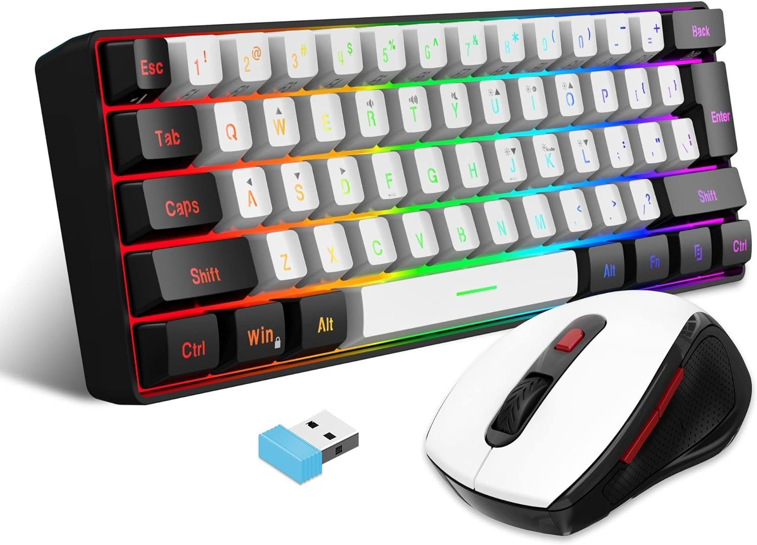 Snpurdiri RGB Hintergrundbeleuchtung Tastatur- und Maus-Set, Kabellos, Ergonomisches Design Vertical Feel (Schwarz/Weiß)