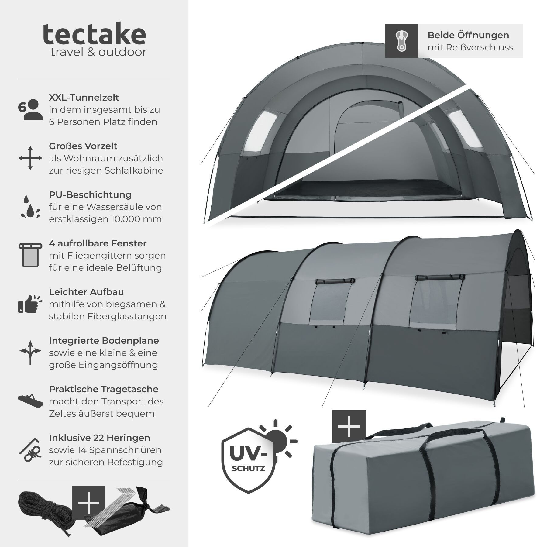 tectake Tunnelzelt Campingzelt Roskilde für 6 Personen, Personen: 6 (inklusive Spannseile, Heringe und Tragetasche, 350 x 480 x 195 cm), mit Vorzelt und Bodenplane, UV-Schutz 50+