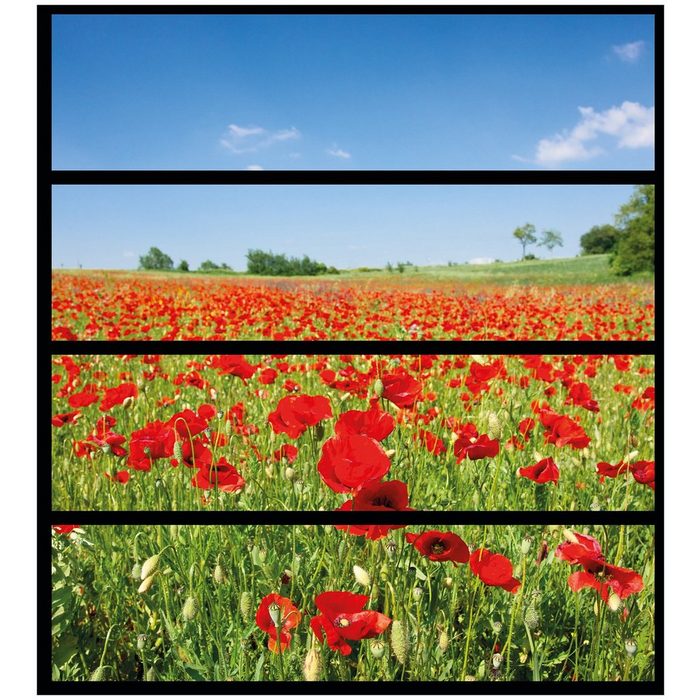 Wallario Möbelfolie Mohnblumenfeld- rote Blumen unter blauem Himmel