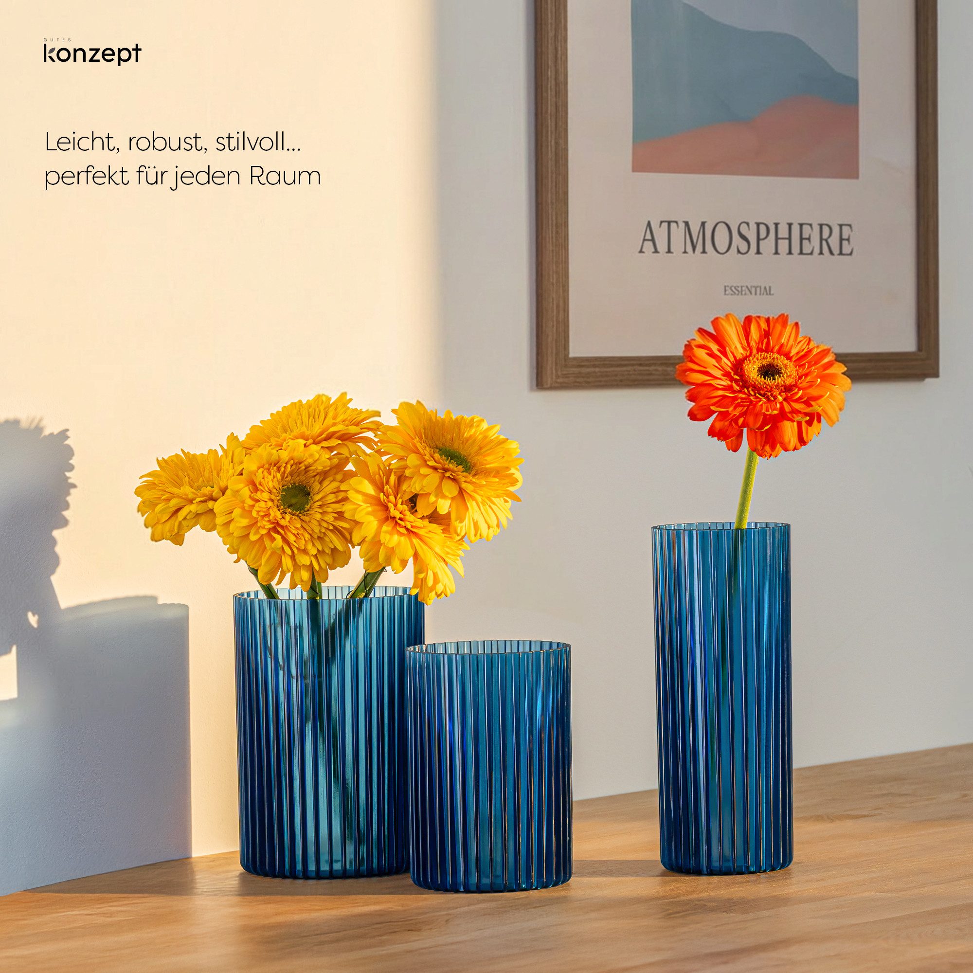 KONZEPT Dekovase 3er-Set aus Kunststoff (12,3x17,8/10,3x14,8/8,8x21,7 cm), Stapelbar. Geriffelte Optik. Leicht. UV-beständig – Bild 2 von 5