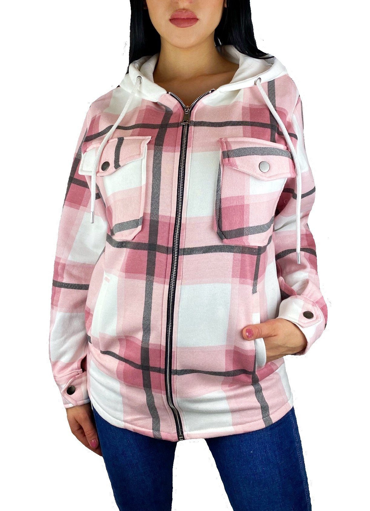 Worldclassca Flanellhemd Worldclassca DAMEN HEMDJACKE KARIERT MIT KAPUZE HOLZFÄLLERHEMD (1-tlg) OVERSIZED HOODIE KAROHEMD BLOGGER XS-XL
