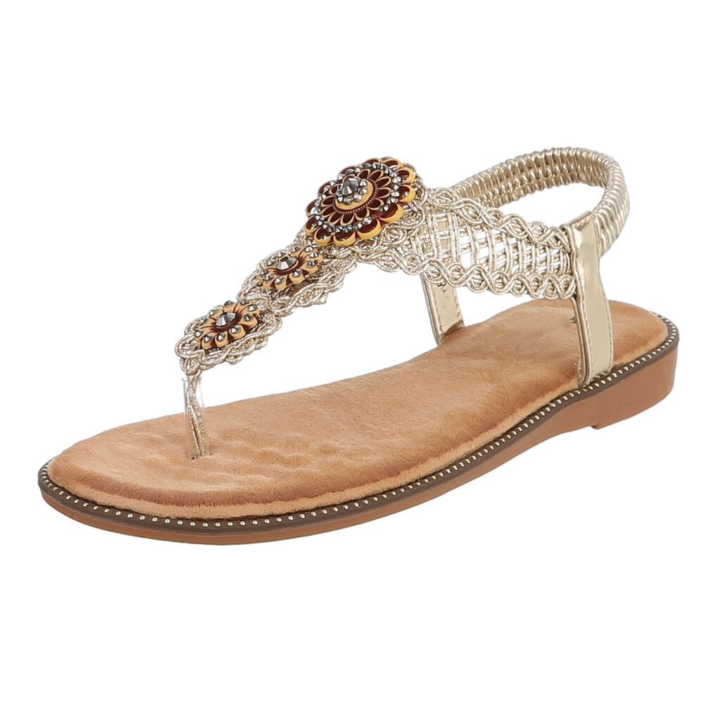 Ital-Design Damen Boho Zehentrenner Sandale mit Schmuckdetails Zehentrenner (91971229) Blockabsatz Riemchensandalen in Gold