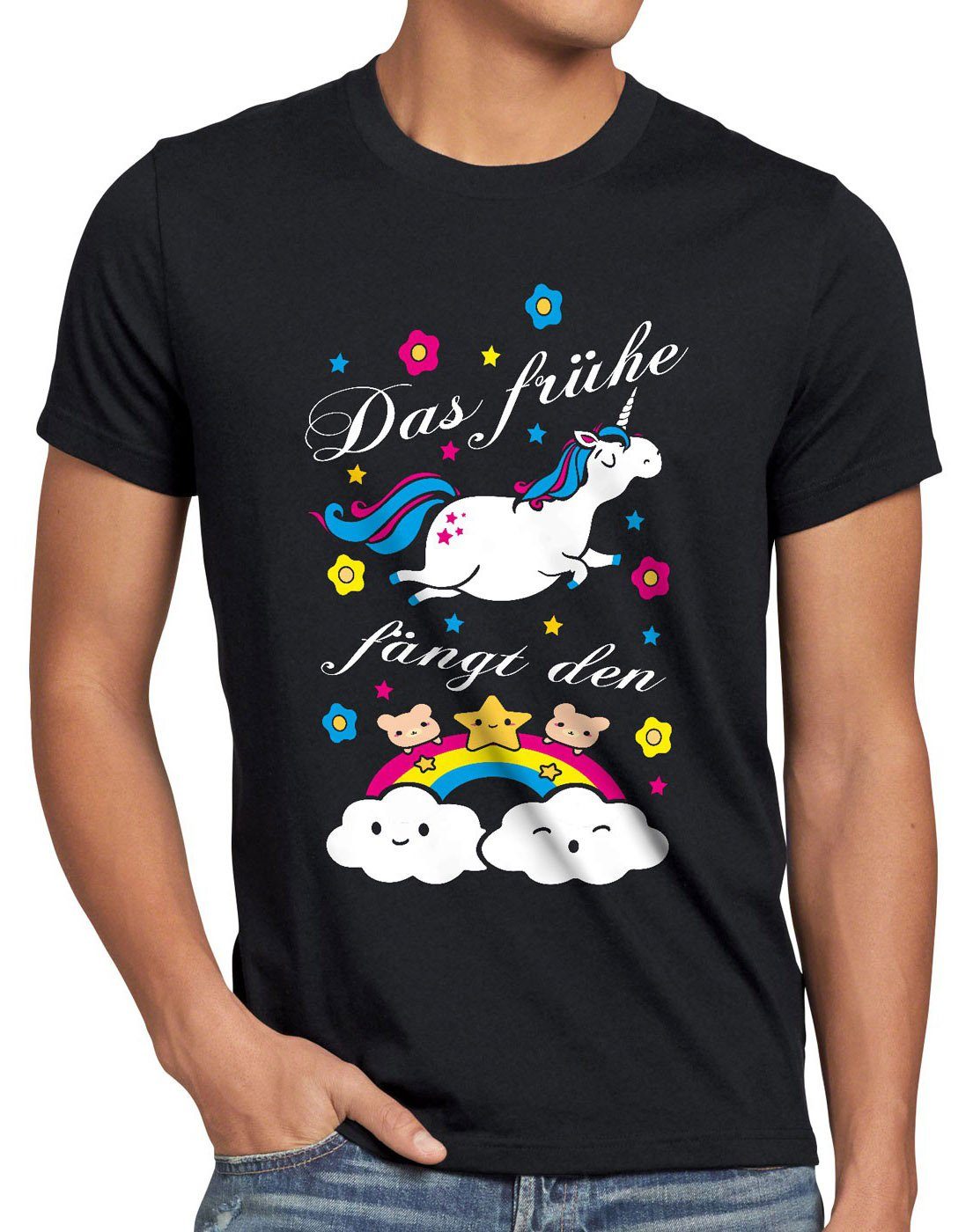 style3 Print-Shirt Herren T-Shirt Das frühe Einhorn fängt Regenbogen Unicorn spruch fun süß kinder schwarz | T-Shirts
