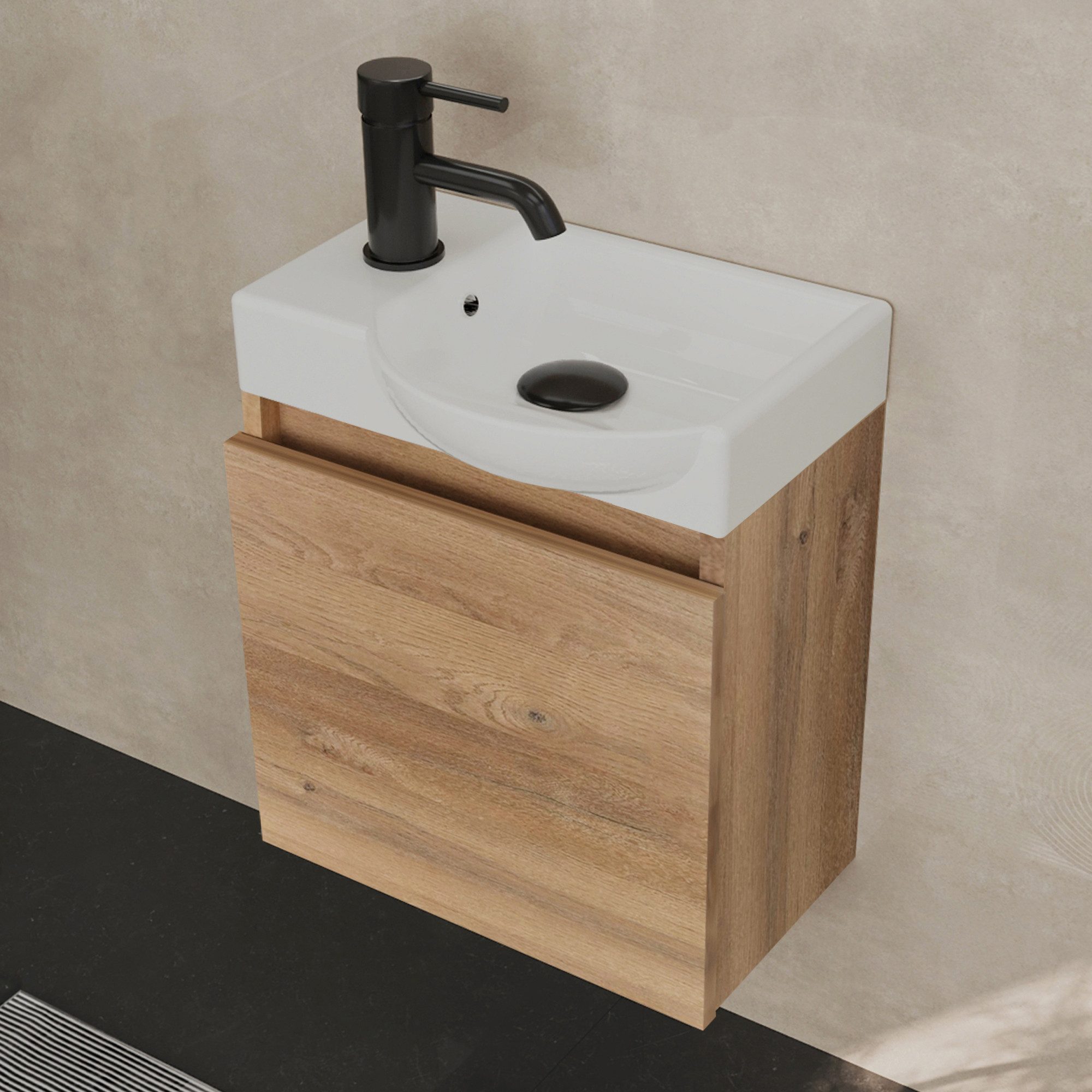 Alpenberger Waschtisch-Set Waschtisch mit Unterschrank hängend 45 cm Gäste WC, (Soft-Close Tür, MDF Bamboo, Keramik Becken Rechts mit Überlauf), Waschbecken mit Unterschrank klein & wandhängend