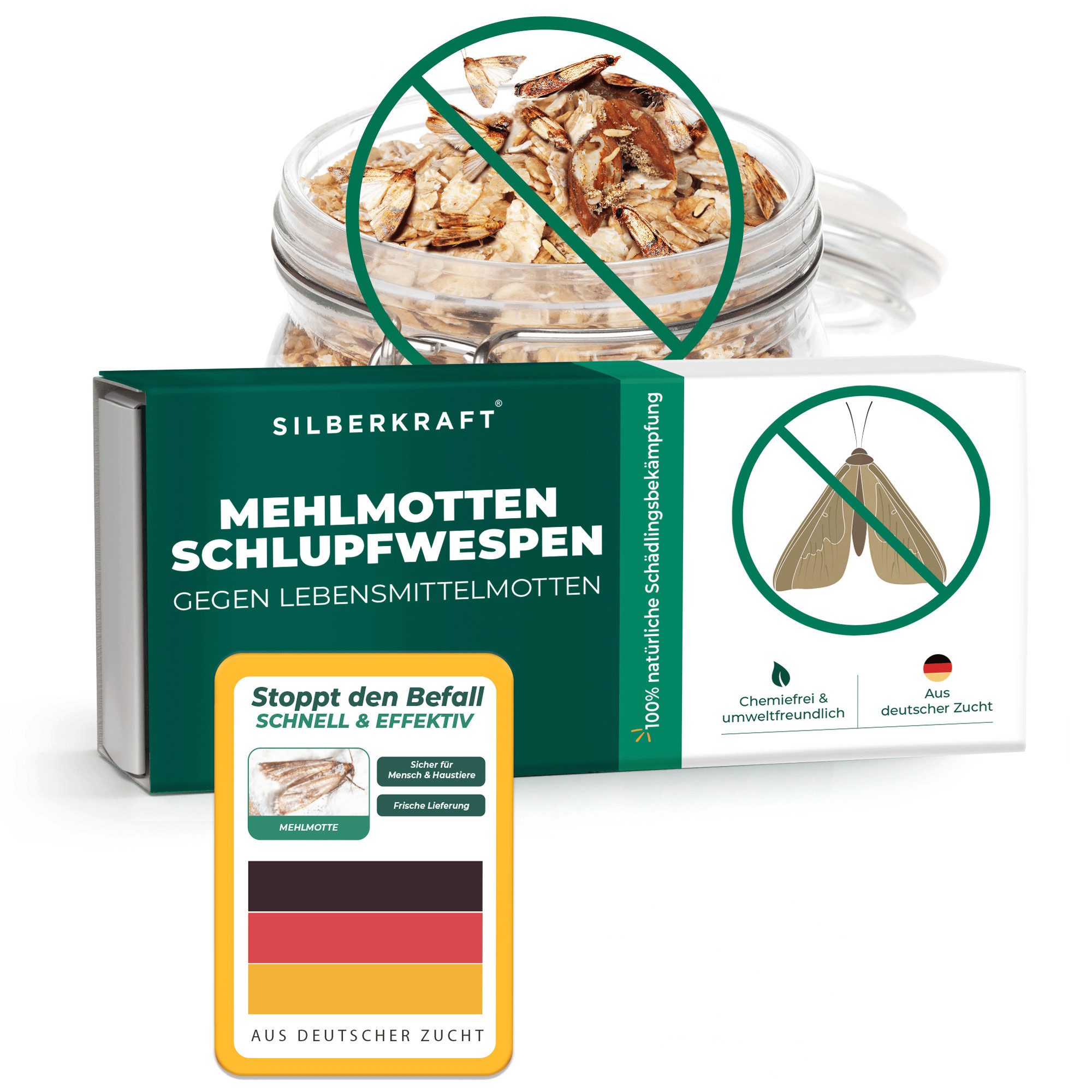 Silberkraft Insektenvernichter Mehlmottenschlupfwespen, biologische Motten- und Larvenbekämpfung, Mehlmotten, Dörrobstmotten, Speichermotten, Getreide- und Wachsmotten