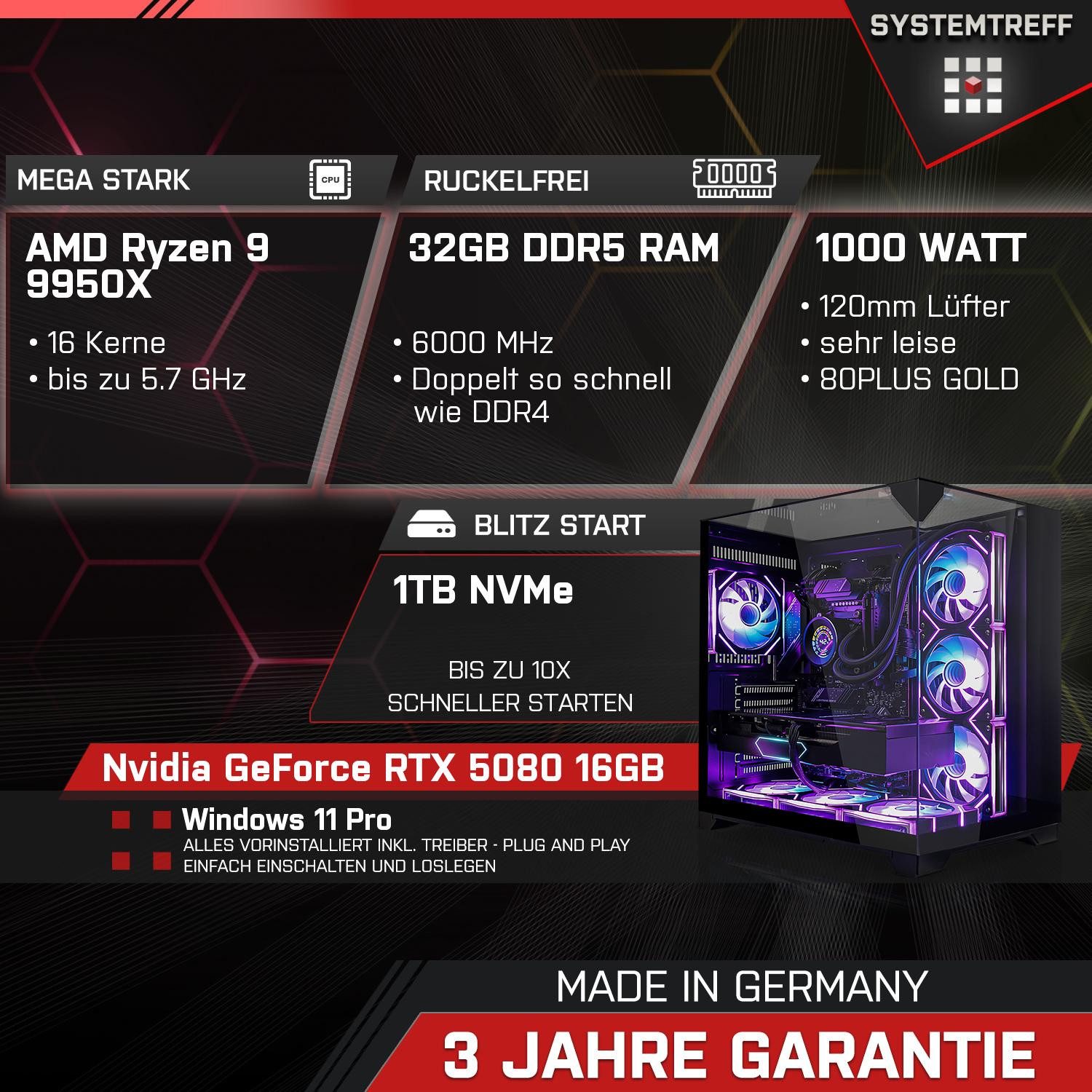 SYSTEMTREFF Gaming-PC (AMD 9950X 9950X, Nvidia GeForce RTX 5080, 32 GB RAM, Wasserkühlung)