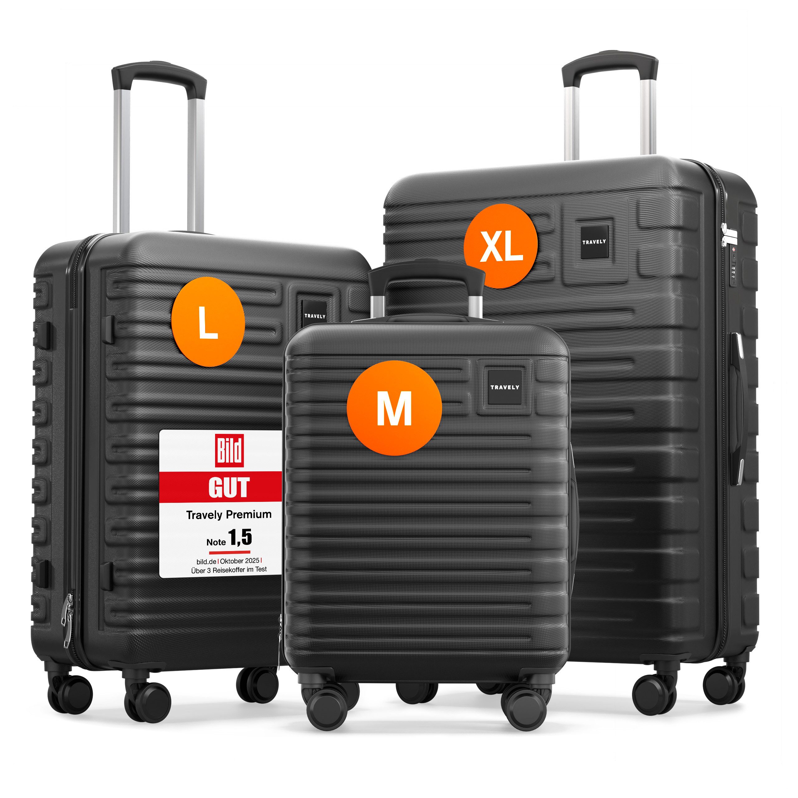 Travely Koffer Polycarbonat Koffer Set - 3 teiliges Kofferset, XL + L + M, 4 Rollen, Designed in Germany, austauschbare Griffe und Rollen