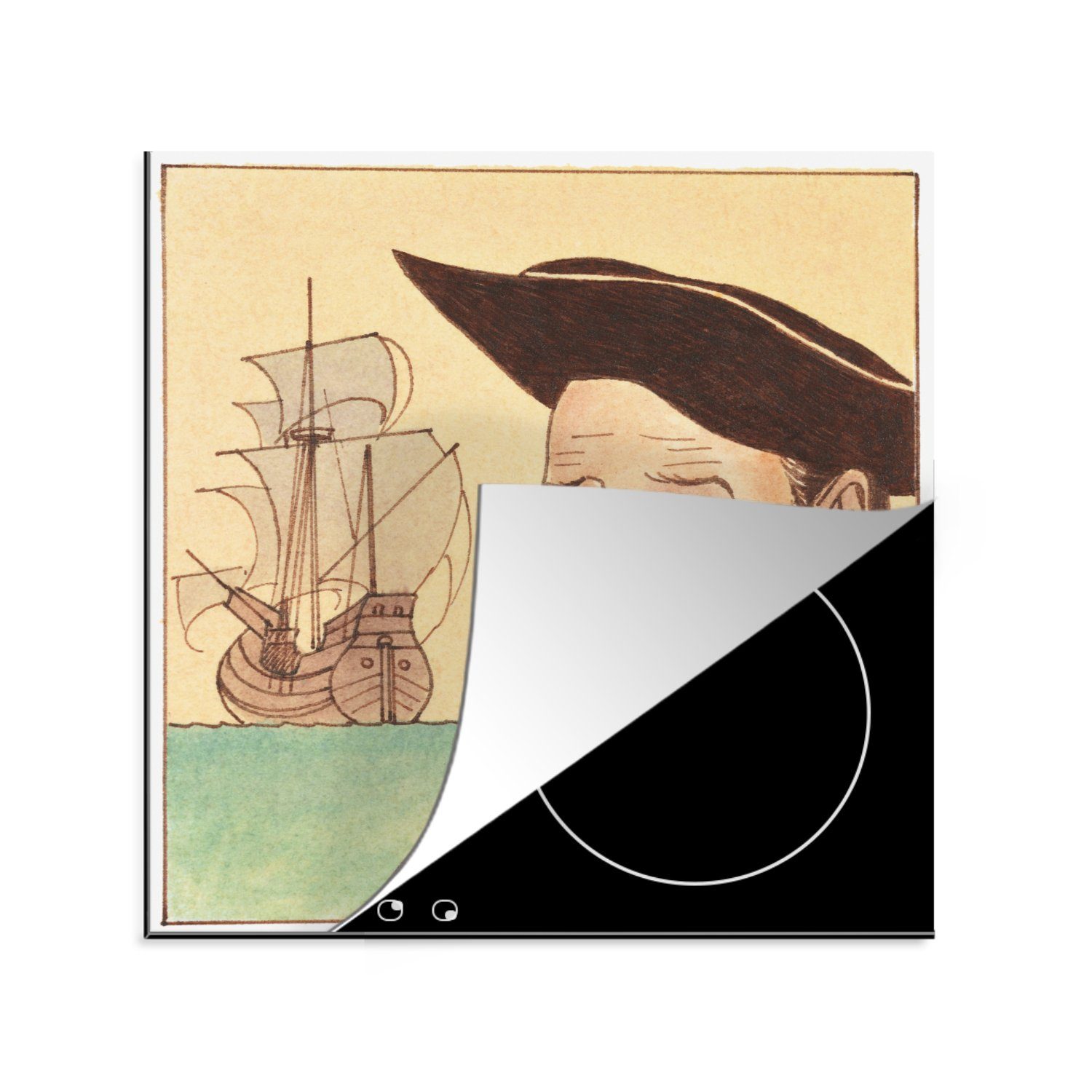 MuchoWow Herdblende-/Abdeckplatte Bunte Illustration eines Porträts von Vasco da Gama, Vinyl, (1 tlg), 78x78 cm, Ceranfeldabdeckung, Arbeitsplatte für küche