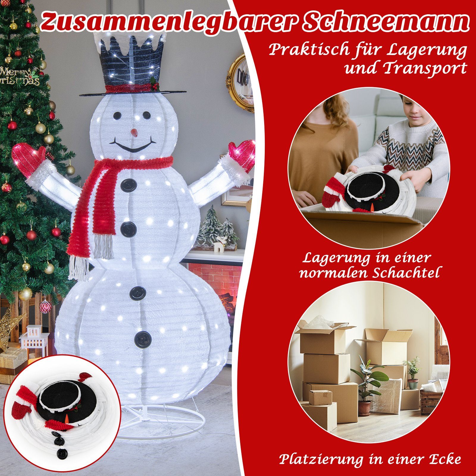 COSTWAY Schneemann, Weihnachtsfigur, klappbar 200 LEDs, kaltweiße