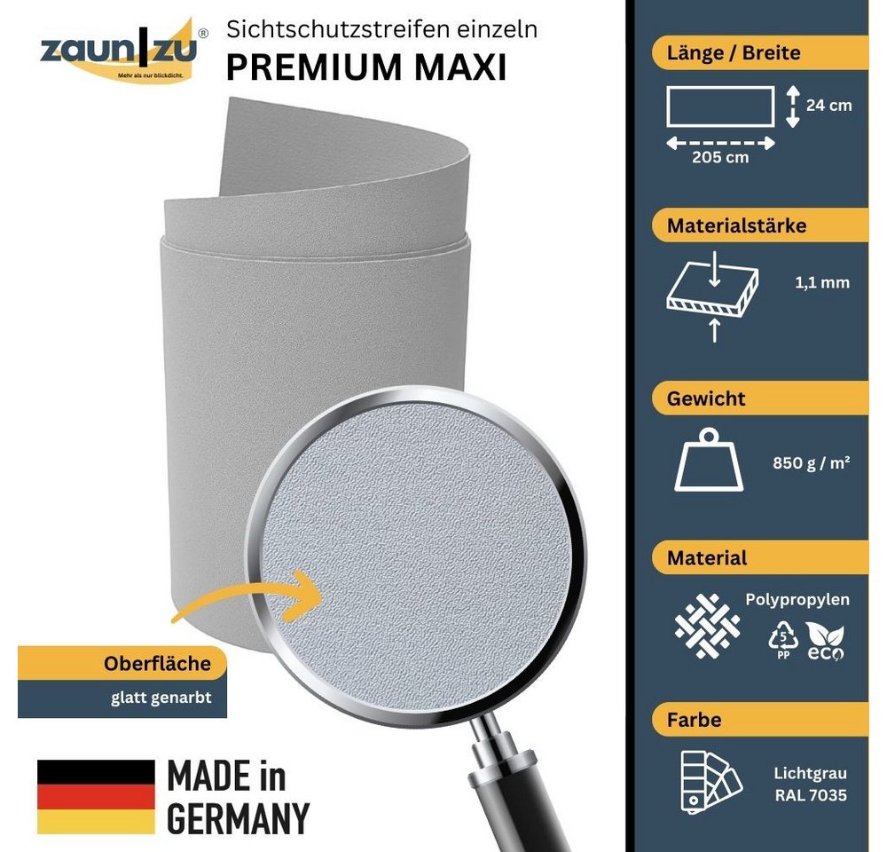 Thumbnail - zaunzu Sichtschutzstreifen Premium Maxi für Doppelstabmatten 24cm hoch Lichtgrau 2,05m, (1x Einzelstreifen, 24cm hoch, U...