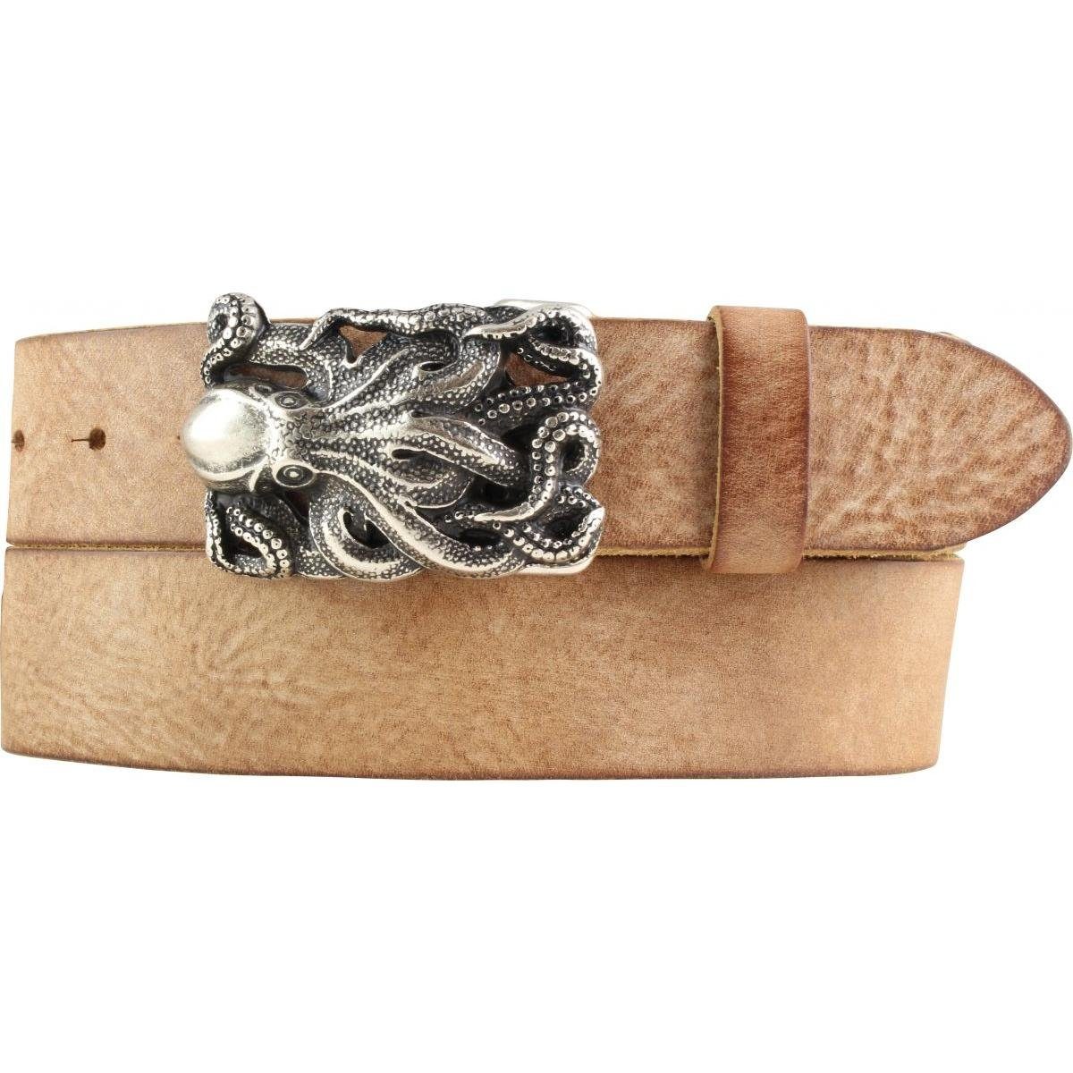 Ledergürtel Gürtel mit Tintenfisch-Gürtelschnalle aus weichem Vollrindleder 4 cm U