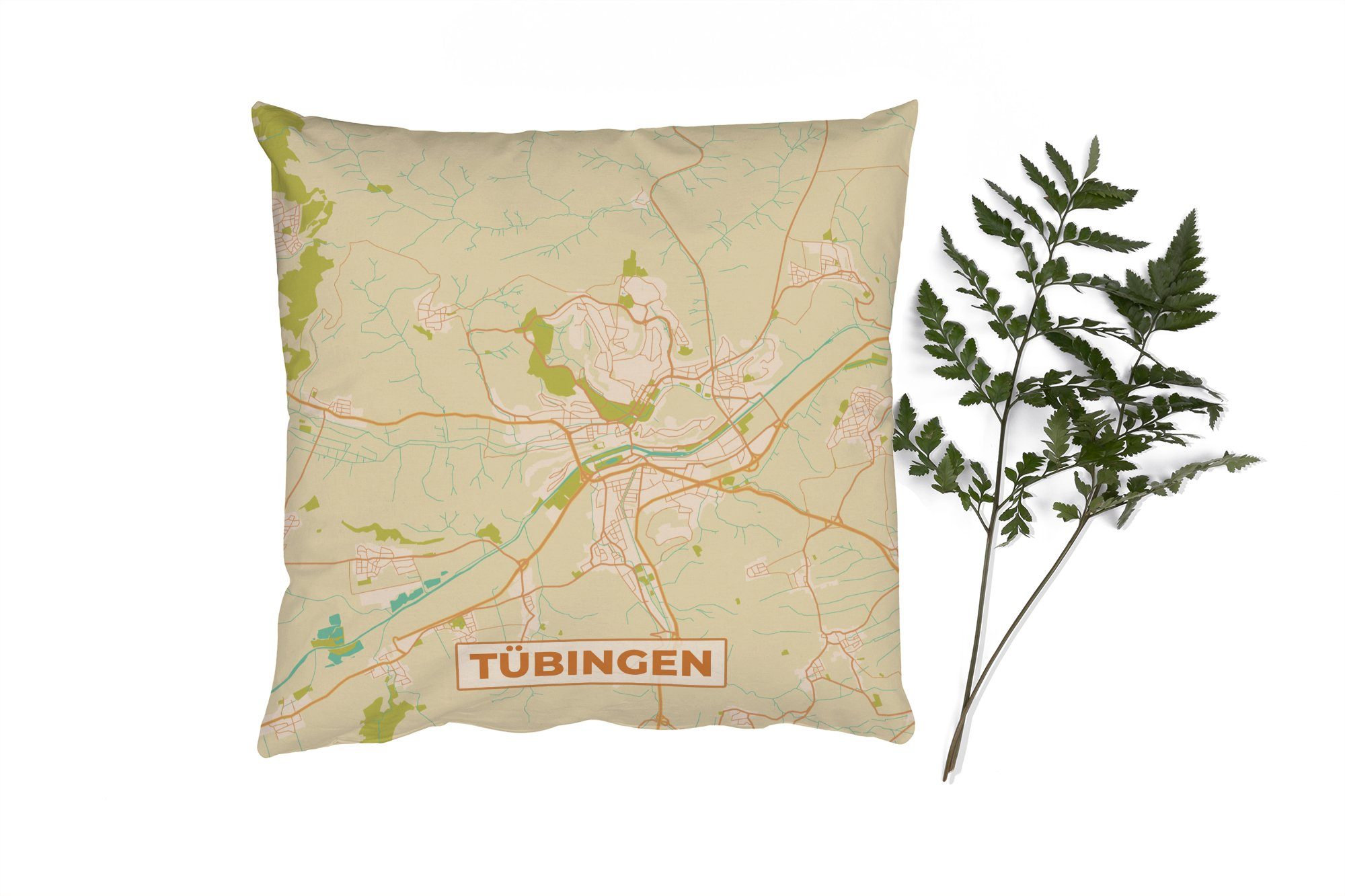 für Tübingen Karte, - Wohzimmer, Sofakissen MuchoWow Vintage - Füllung Deko, Dekokissen Schlafzimmer, - Zierkissen mit Stadtplan