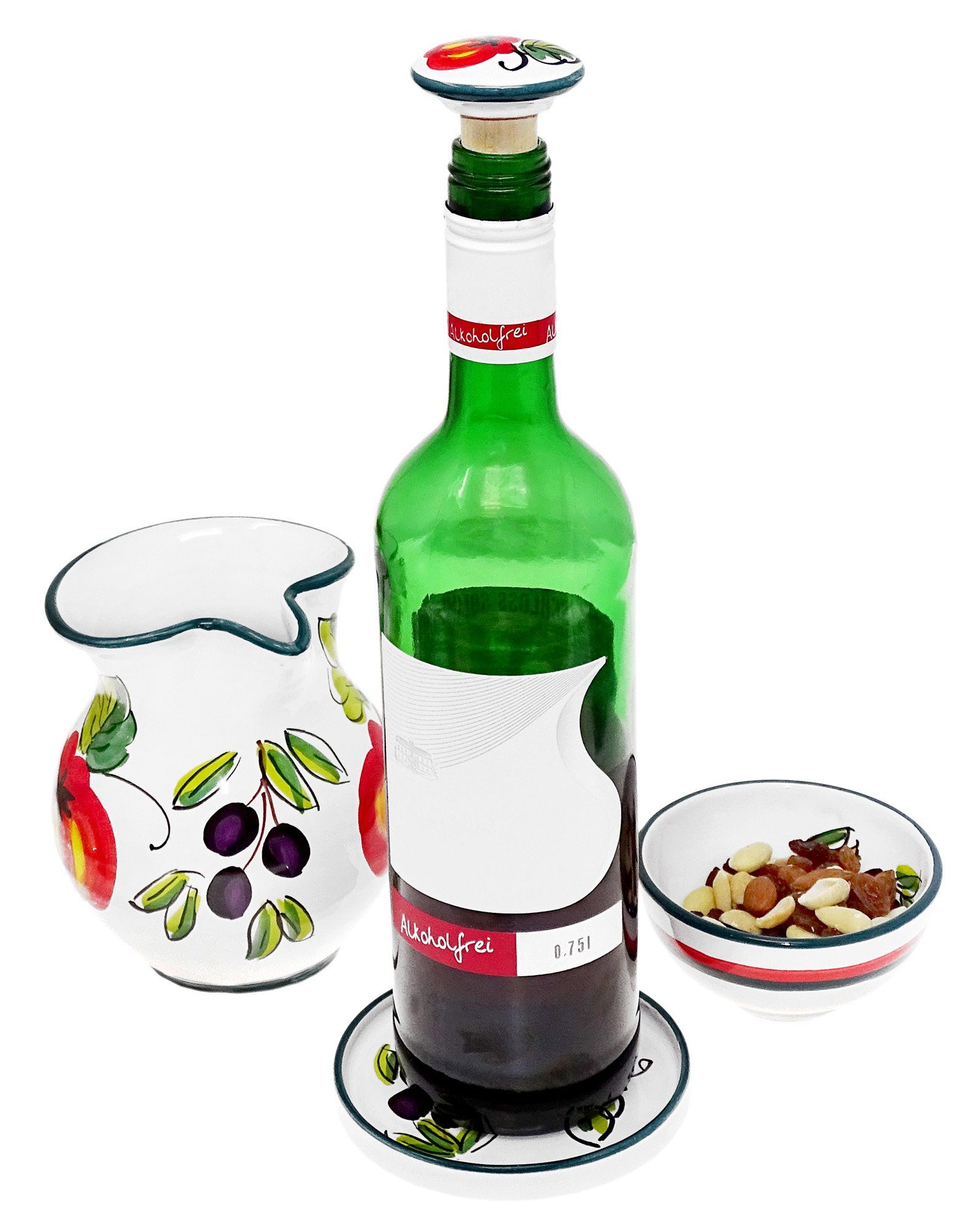 Lashuma Geschirr-Set (2-tlg), und rund Tablett Weinkorken Set, Weinstopper 1x Tomate Olive 1x Keramik