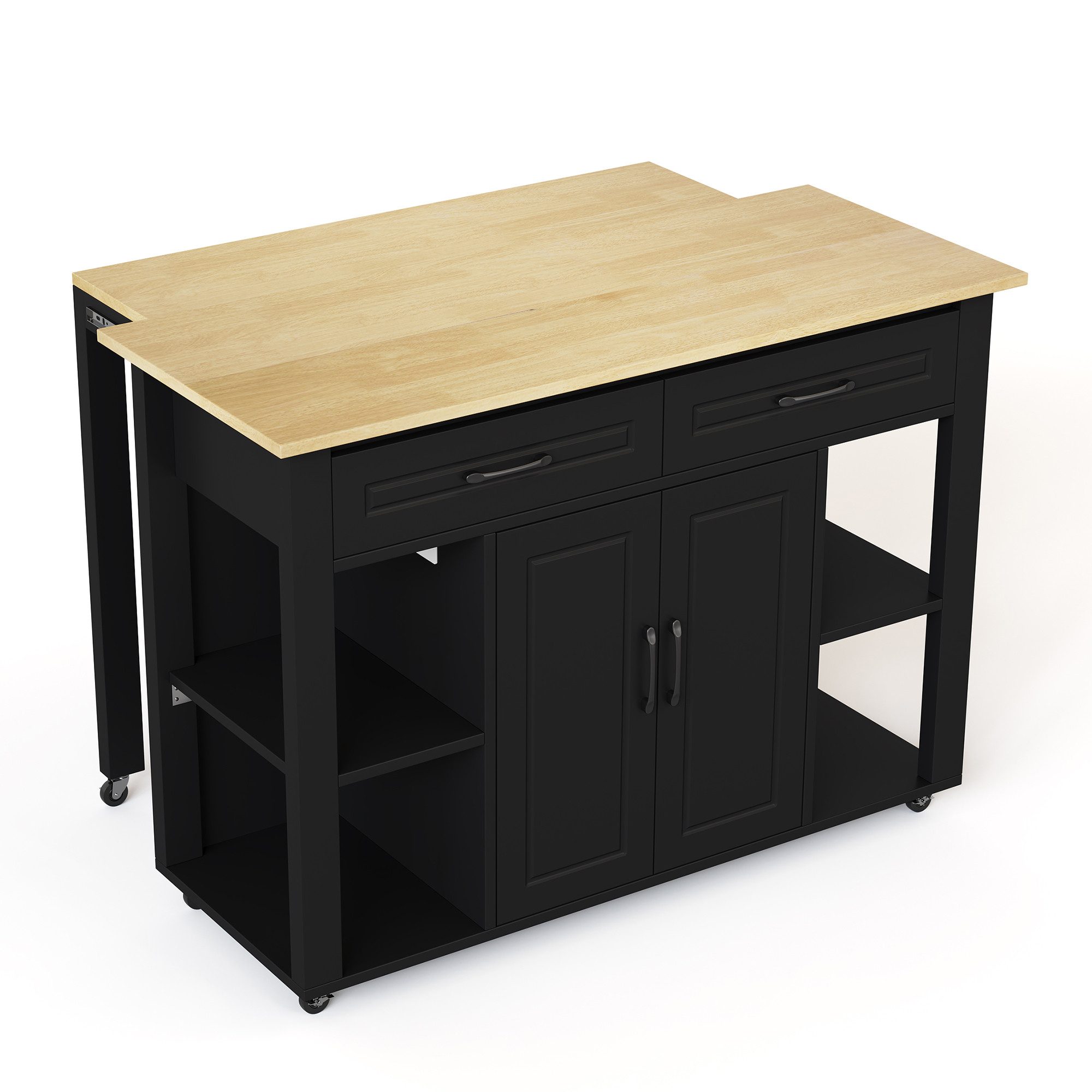 Flieks Küchenwagen mit Steckdosen, ausziehbarer Tisch und Rollen, (1 St), Servierwagen Kücheninsel mit Schubladen und Türablagen Schwarz
