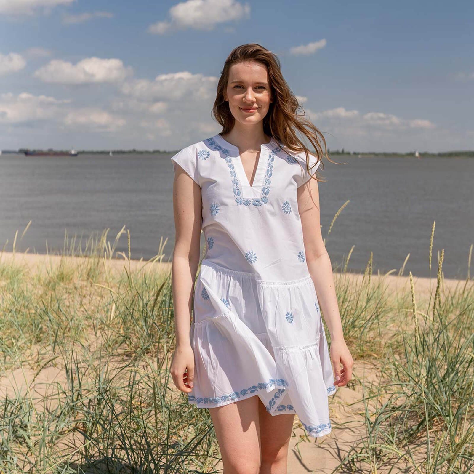 Damen Kleid 3/4-Arm mit - Vivian aus blue Tunika Baumwolle Bestickt Strandkleid baltic