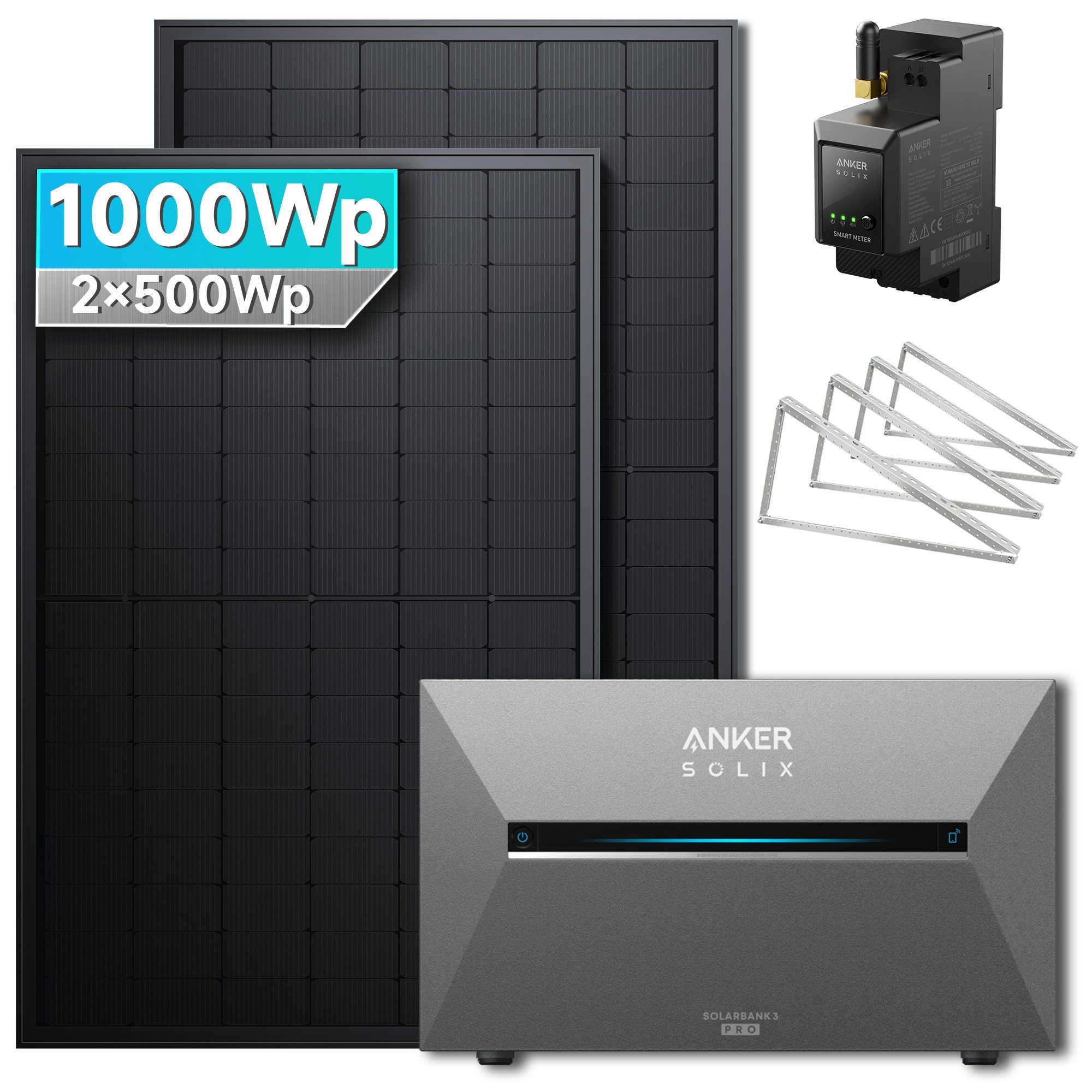 SolarMars Balkonkraftwerk mit Speicher Anker Solix Solarbank 2 E1600 Pro, 1000 W, (mit Solarbank 2 E1600 Pro System, Flachdach/Garten Halterung für 2 Solarmodule), 0% MwSt