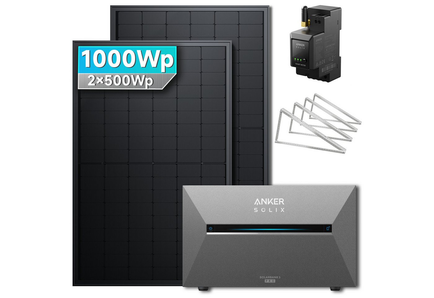 SolarMars Balkonkraftwerk mit Speicher Anker Solix Solarbank 2 E1600 Pro, 1000 W, (mit Solarbank 2 E1600 Pro System, Flachdach/Garten Halterung für 2 Solarmodule), 0% MwSt