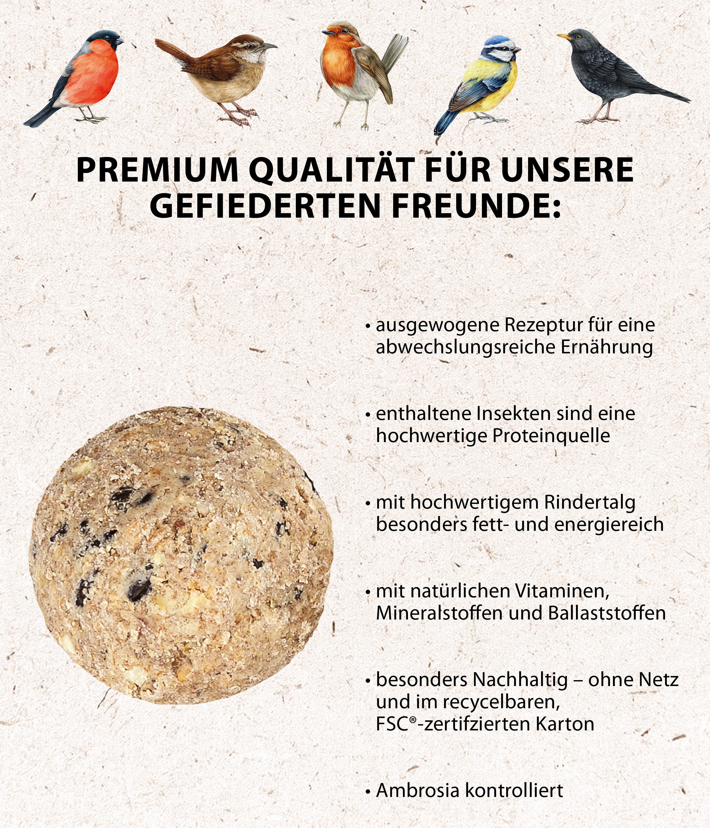 Dehner Natura Insektenknödel, Wildvogelfutter, 100 Stück je 90 Gramm (9 kg) Insekten, Hauptfutter für: Wildvogel, Gartenvögel, Meisenknödel ohne Netz, im Karton, zur ganzjährigen Fütterung
