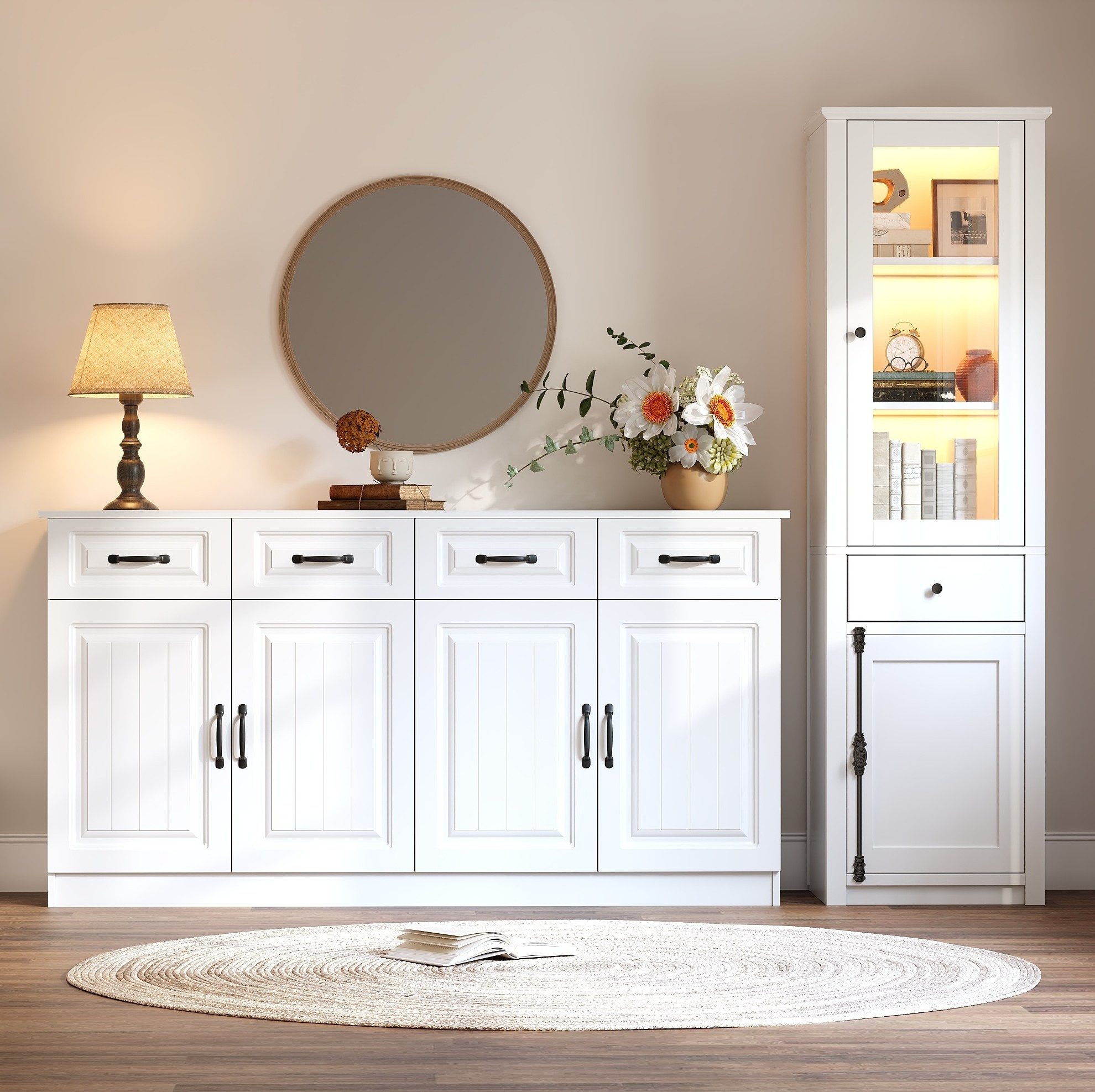 MODFU Wohnzimmer-Set 2-teiliges Möbelset: Sideboard & Vitrine, (1-St., Sideboard: 160×80×35 cm & Vitrine: 55×200×40 cm, MDF), Weiß lackiert, stabil, pflegeleicht