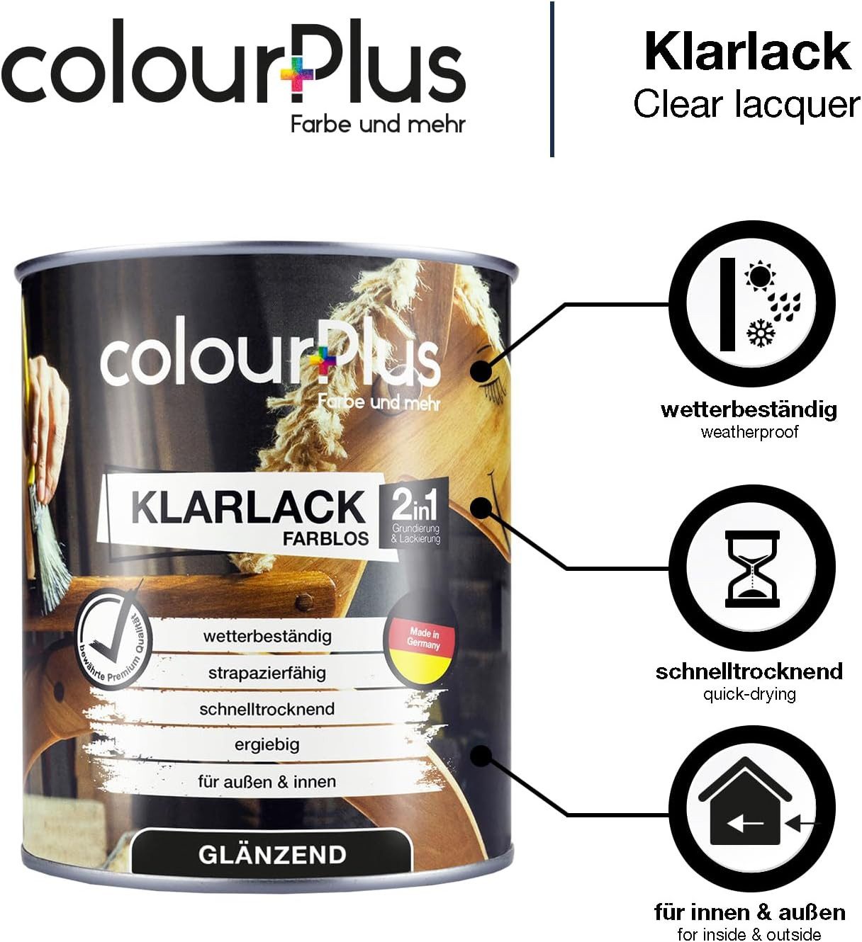 ColourPlus Klarlack 2in1 Klarlack für Holz, innen & außen, 2in1, wasserverdünnbar, dauerelastisch, spielzeugsicher (EN 71-3)