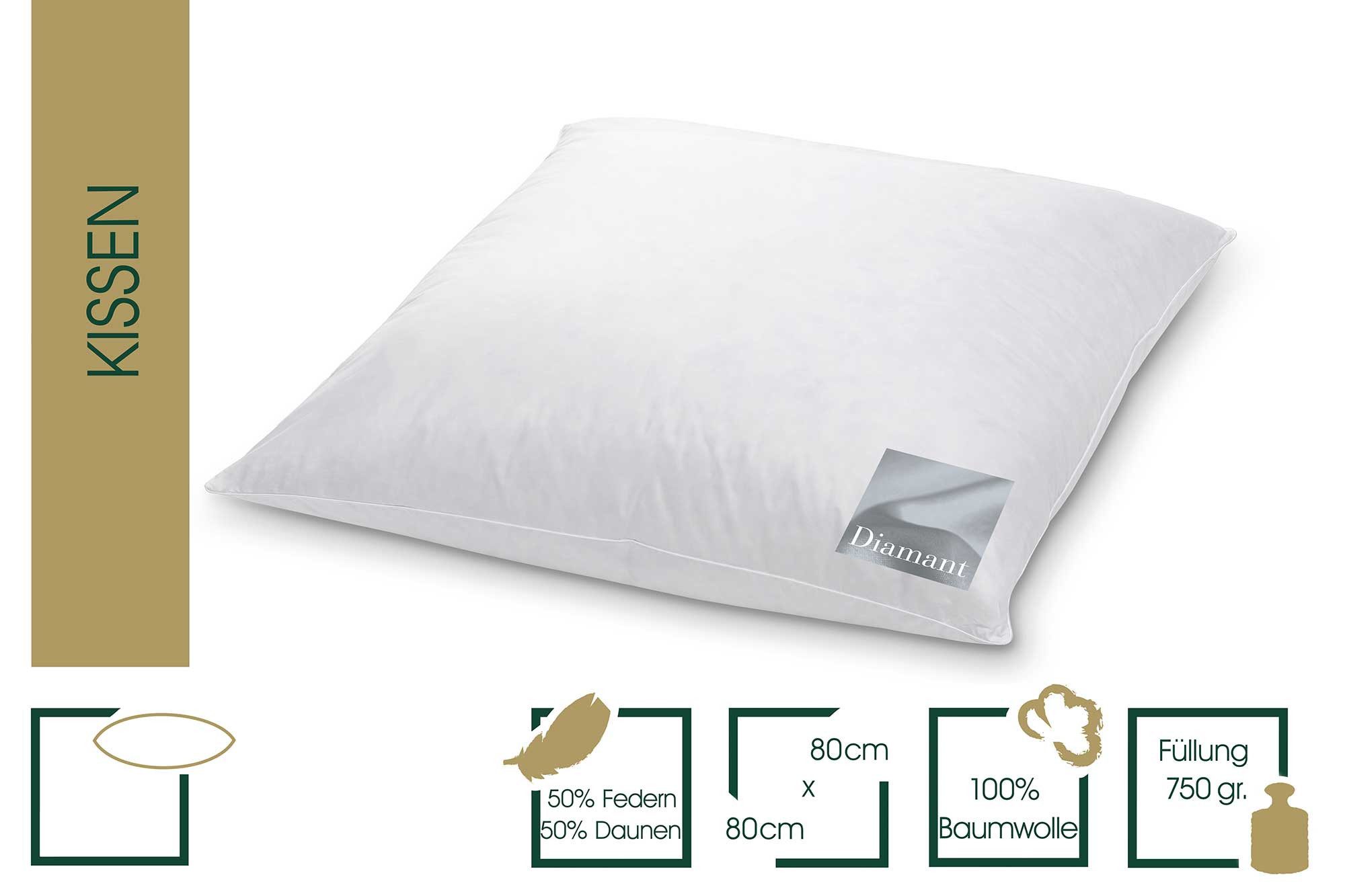 HANSKRUCHEN 3-Kammer-Kopfkissen HANSKRUCHEN Daunenkissen Kopfkissen Diamant Extra Soft 80 x 80 cm, Füllung: 90% Daunen, 10% Federn, Bezug: 1005 Baumwolle, hergestellt in Deutschland, für Allergiker geeignet