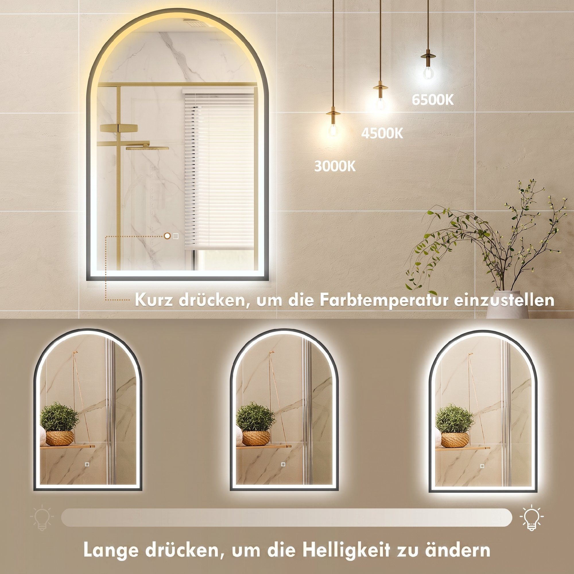 HOMCOM Badspiegel gewölbter Spiegel aus gehärtetem Glas (Set, 1-St., LED-Badezimmerspiegel), Antibeschlag, dimmbar, Memory, Touch – Bild 5 von 5