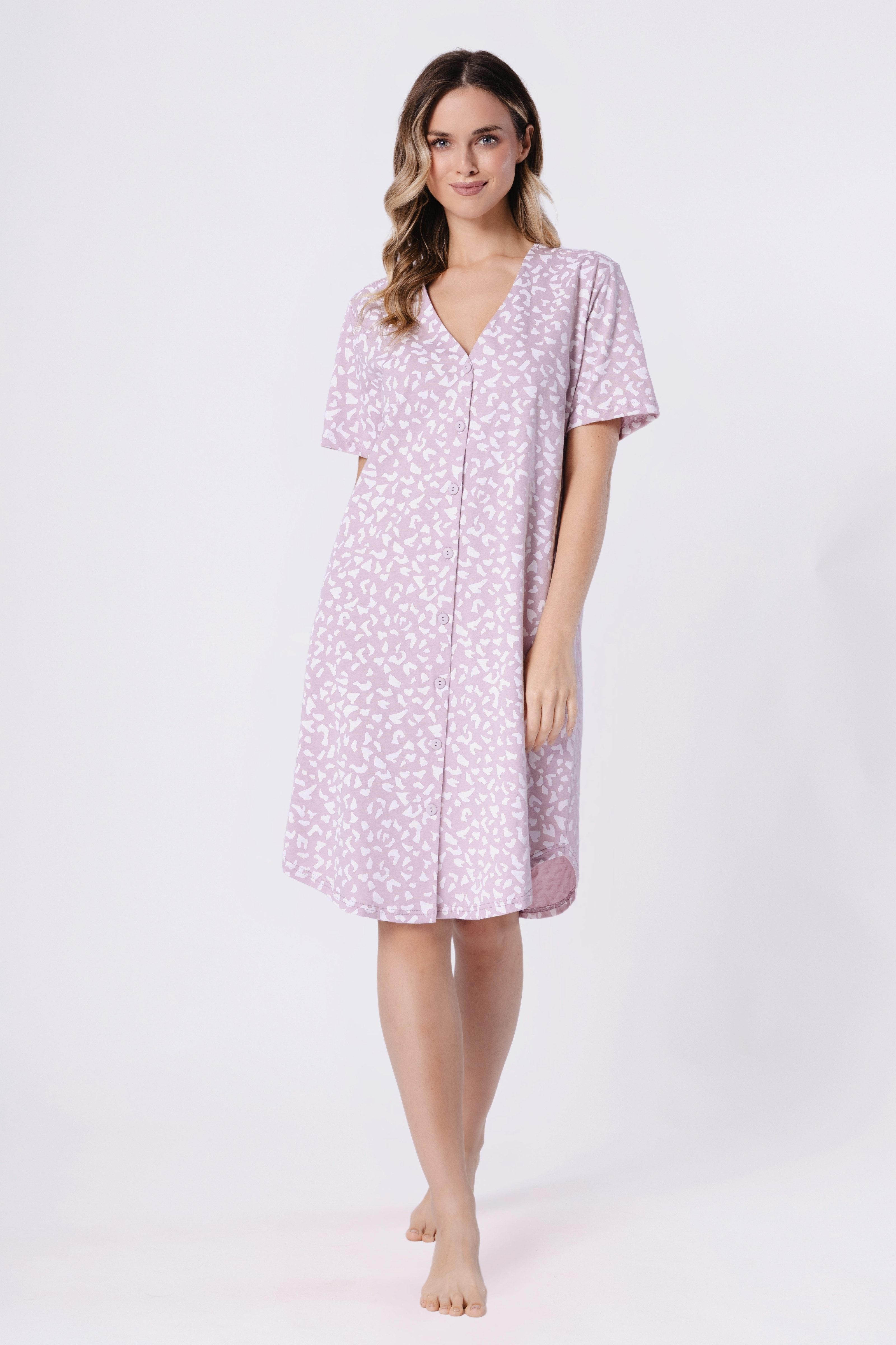 COOLISMO NIGHTWEAR Nachthemd Kurzarm in Altrosa mit weißem Muster elegantes Sleep-Shirt mit durchgehender Knopfleiste