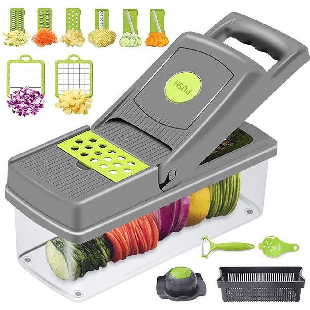 HUGERSTONE Gemüseschneider mit formen nicer dicer kitchenaid gemüsehobel mit 1700 ml Behälter, Einfaches Schneiden, Raspeln, Würfeln und Hacken