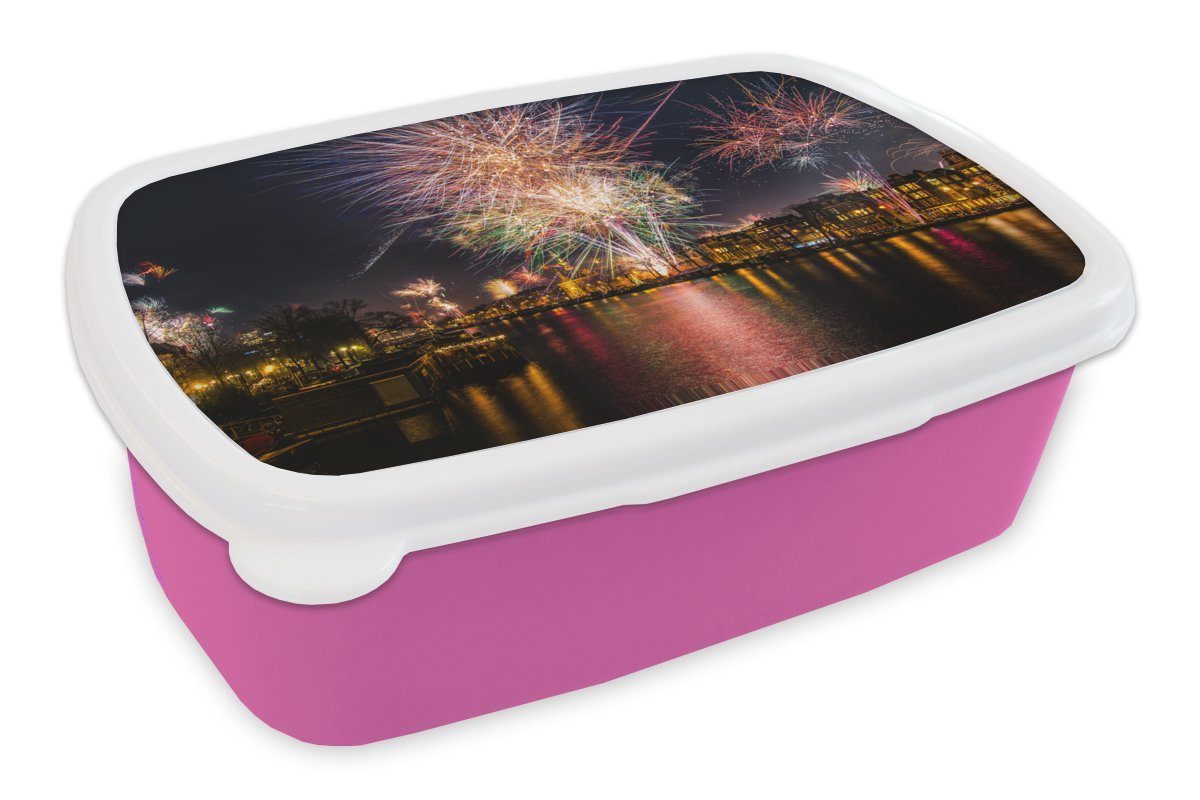 MuchoWow Lunchbox Feuerwerk - Amsterdam - Wasser, Kunststoff, (2-tlg), Brotbox für Erwachsene, Brotdose Kinder, Snackbox, Mädchen, Kunststoff rosa | Lunchboxen
