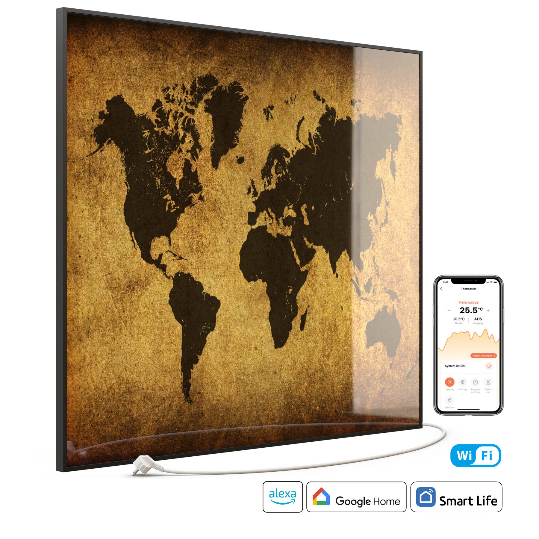 STEINFELD Heizsysteme Infrarotheizung Glas-Bild 1200W, 114x100cm, Made in Germany, 7 Jahre Garantie, mit Thermostat, Schwarz