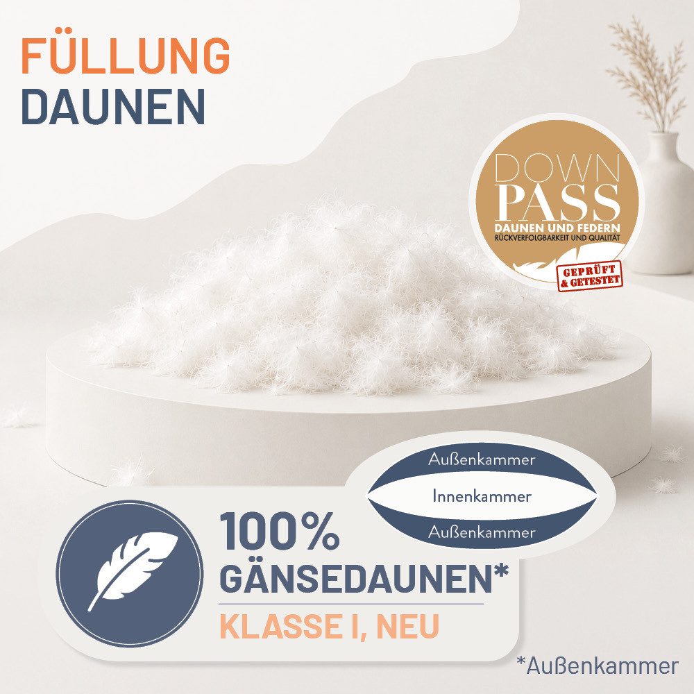 casimum 3-Kammer-Kopfkissen FIRST CLASS Daunenkissen 80x80, Kopfkissen 40x80, weich & stützend, Füllung: 100% Gänsedaunen, Klasse 1 (Außenkammer), Bezug: 100 % Baumwolle, Rückenschläfer, Seitenschläfer, hergestellt in Deutschland, für Allergiker geeignet, 80x80cm, 40x80cm