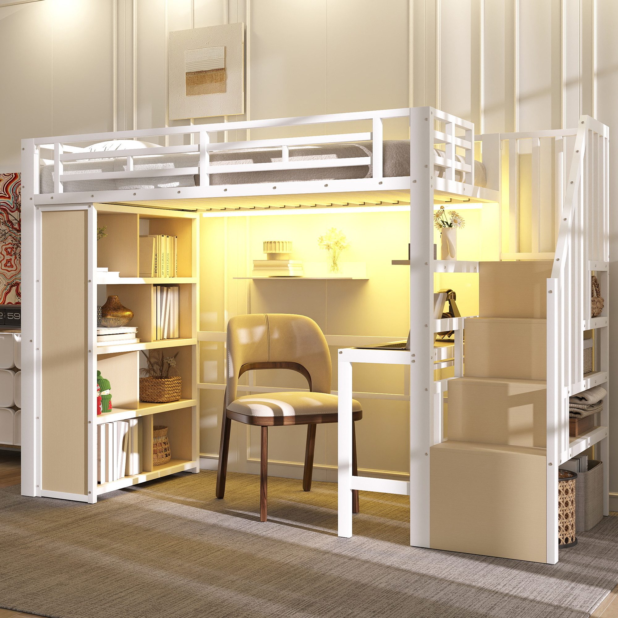 STILVORA Hochbett 90x200 mit schreibtisch Jugendbett mit Stauraum Metallbett LED-Licht (mit integriertem Schreibtisch, Ablagefach, LED-Lichtleiste und Treppenstauraum, 90x200 cm) ohne Matratze