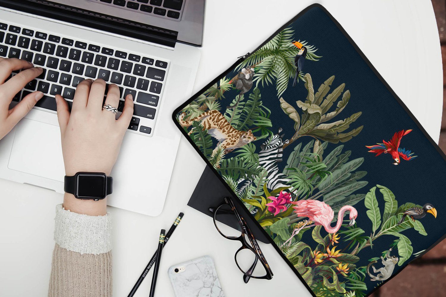 MuchoWow Laptop-Hülle Dschungel - Pflanzen - Tiere - Kinder - Flamingo - Zebra 14 Zoll, Schutzhülle für Laptop, Schutz gegen Kratzern, Laptoptasche