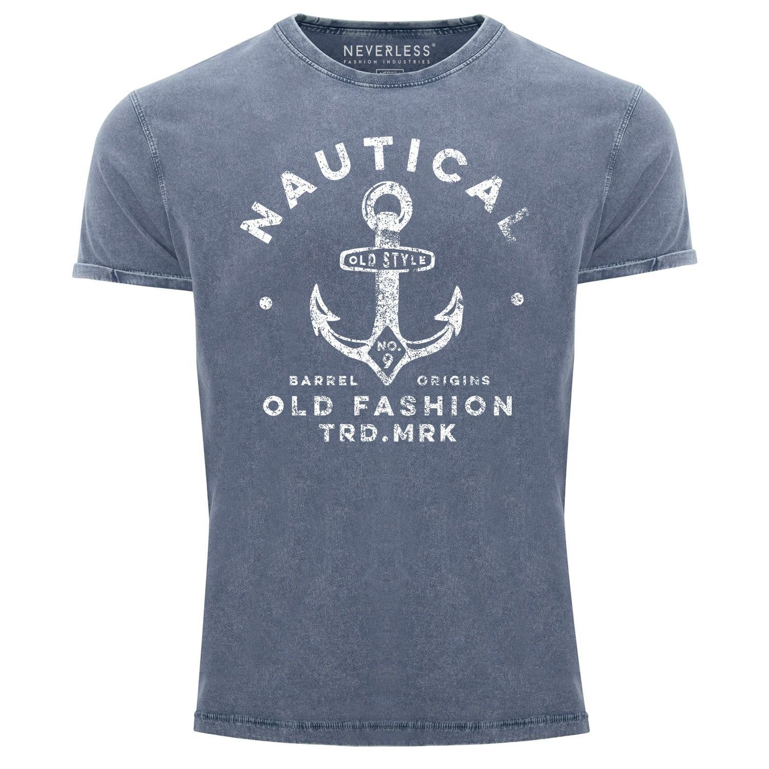 Motiv Nautical Fashion Print Slim Print-Shirt Herren Shirt Fit Look Anker Used mit Old Printshirt Vintage blau Neverless® Neverless