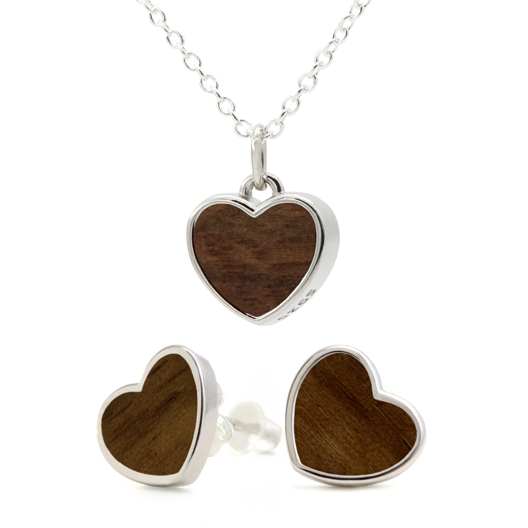 NaturSchatulle Ohrring und Ketten Set Heart Light (Holzschmuck Holzohrringe & Kettenanhänger aus Holz, Herzkette & Herzohrringe), ⌀9mm, 925 Silber, Handmade in Germany, Nachhaltig & Natürlich