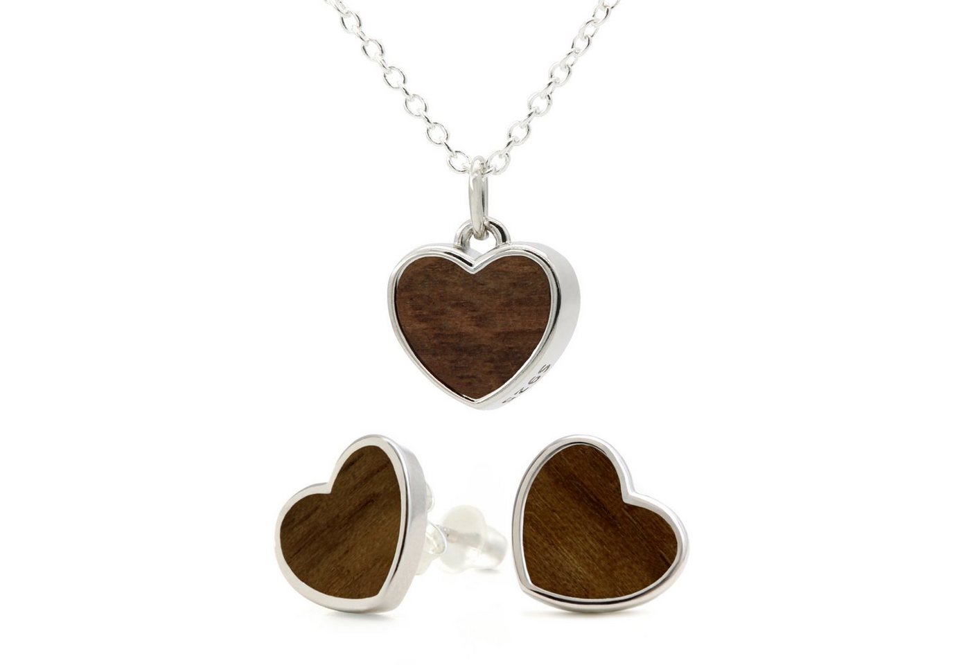 NaturSchatulle Ohrring und Ketten Set Heart Light (Holzschmuck Holzohrringe & Kettenanhänger aus Holz, Herzkette & Herzohrringe), ⌀9mm, 925 Silber, Handmade in Germany, Nachhaltig & Natürlich