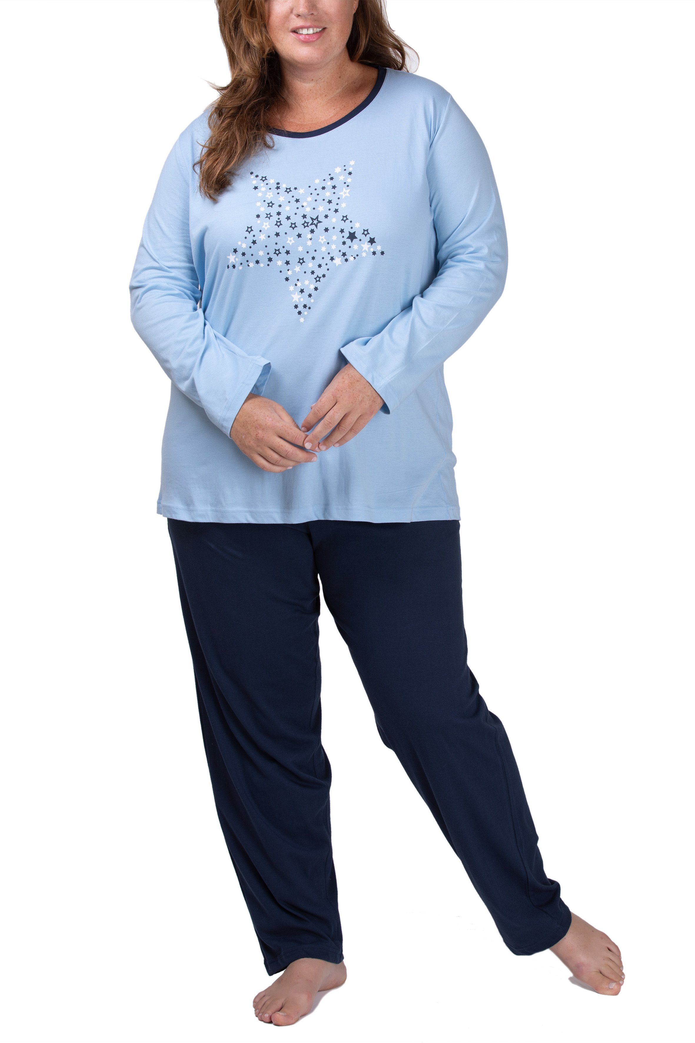 Moonline Pyjama Damen Schlafanzug Pyjama in großen Größen (Übergröße XL - 4XL) aus 100% Baumwolle hell blau