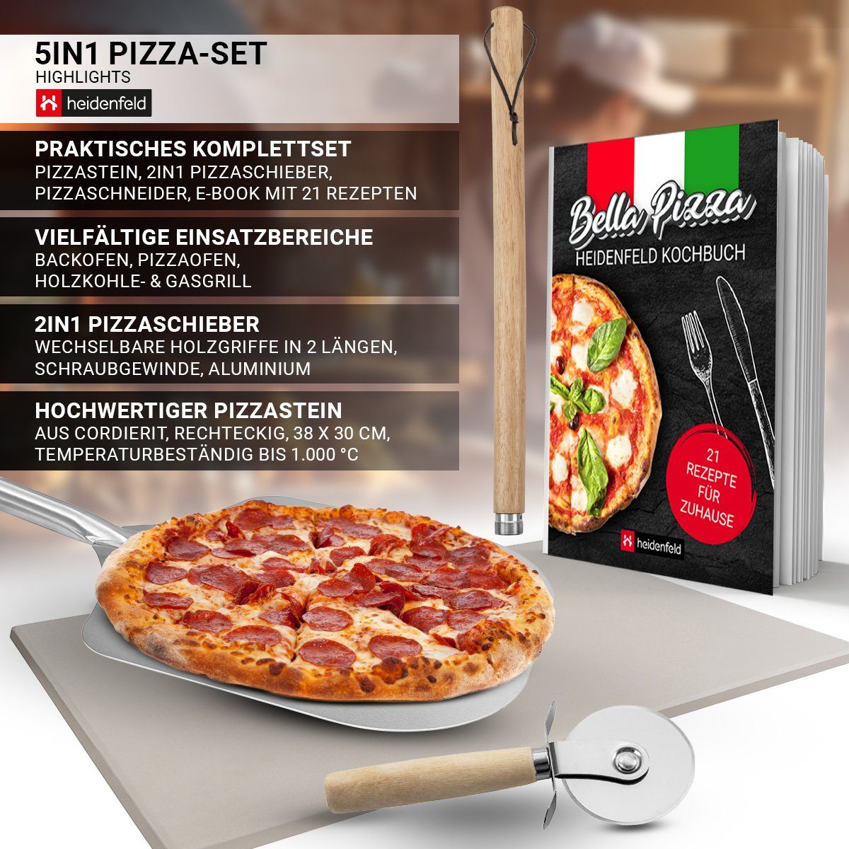 Heidenfeld Pizzastein 5in1 Pizza Set inkl. Pizzaschieber, Pizzaschneider & Rezeptbuch, Pizzastein aus Cordierit, (Pizza backen, 5-St., Pizzastein, Pizza Ofen, Pizza Pfanne), Pizzastein für Grill