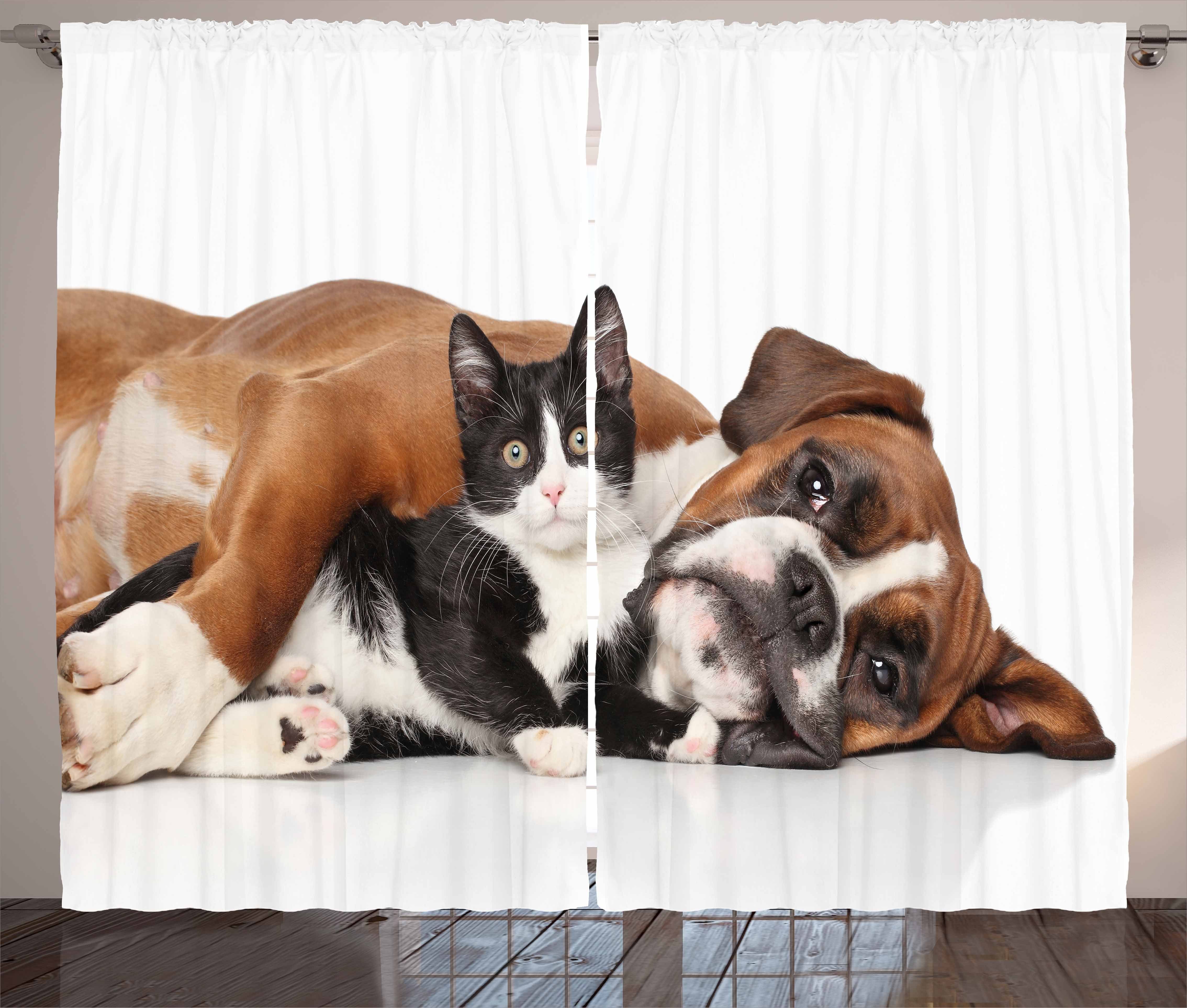 Gardine Schlafzimmer Kräuselband Vorhang mit Schlaufen und Haken, Abakuhaus, Lustig Katze Hund Friendship