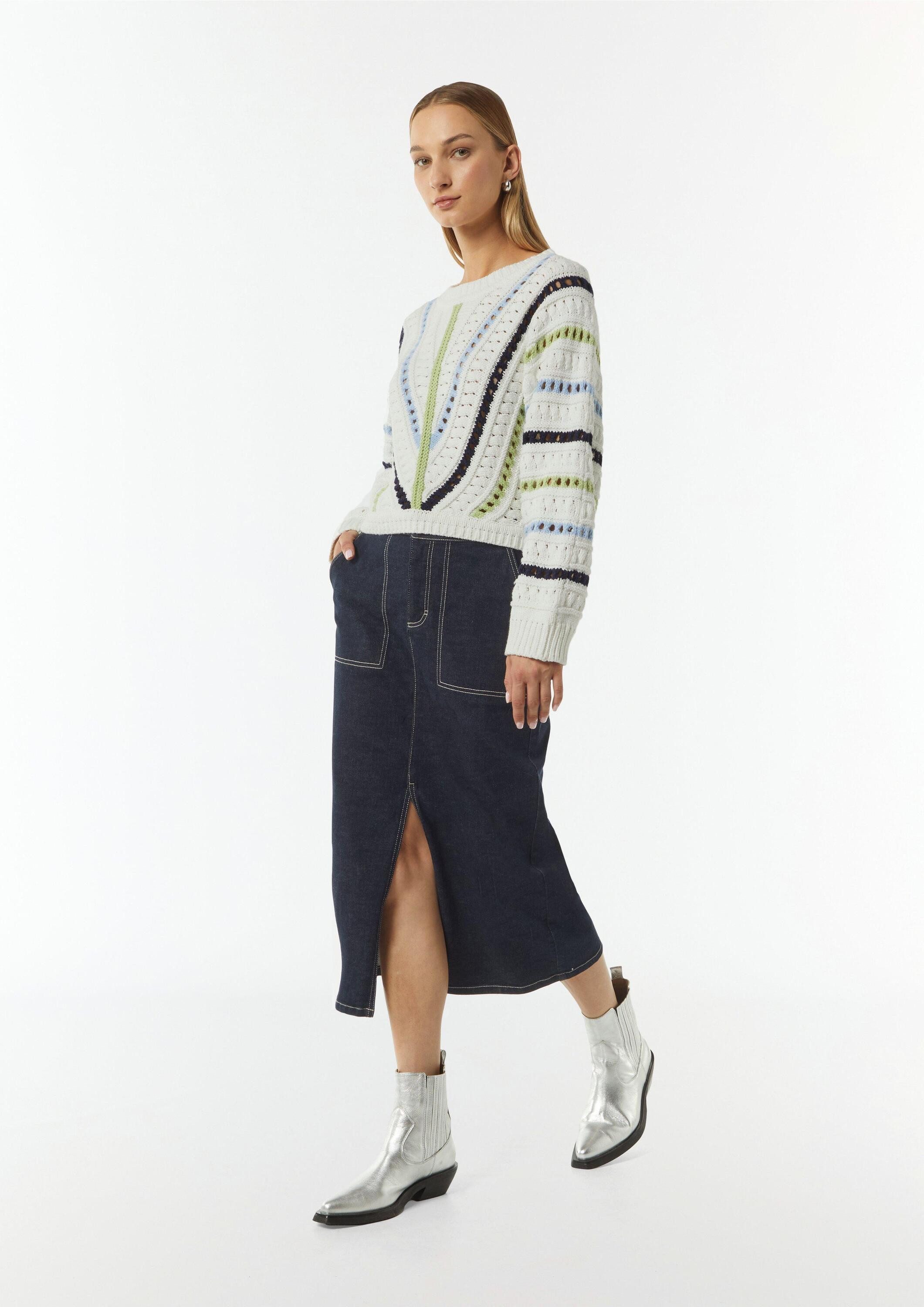 comma Longpullover Strickpullover Cropped-Strickpullover mit Ajourmuster