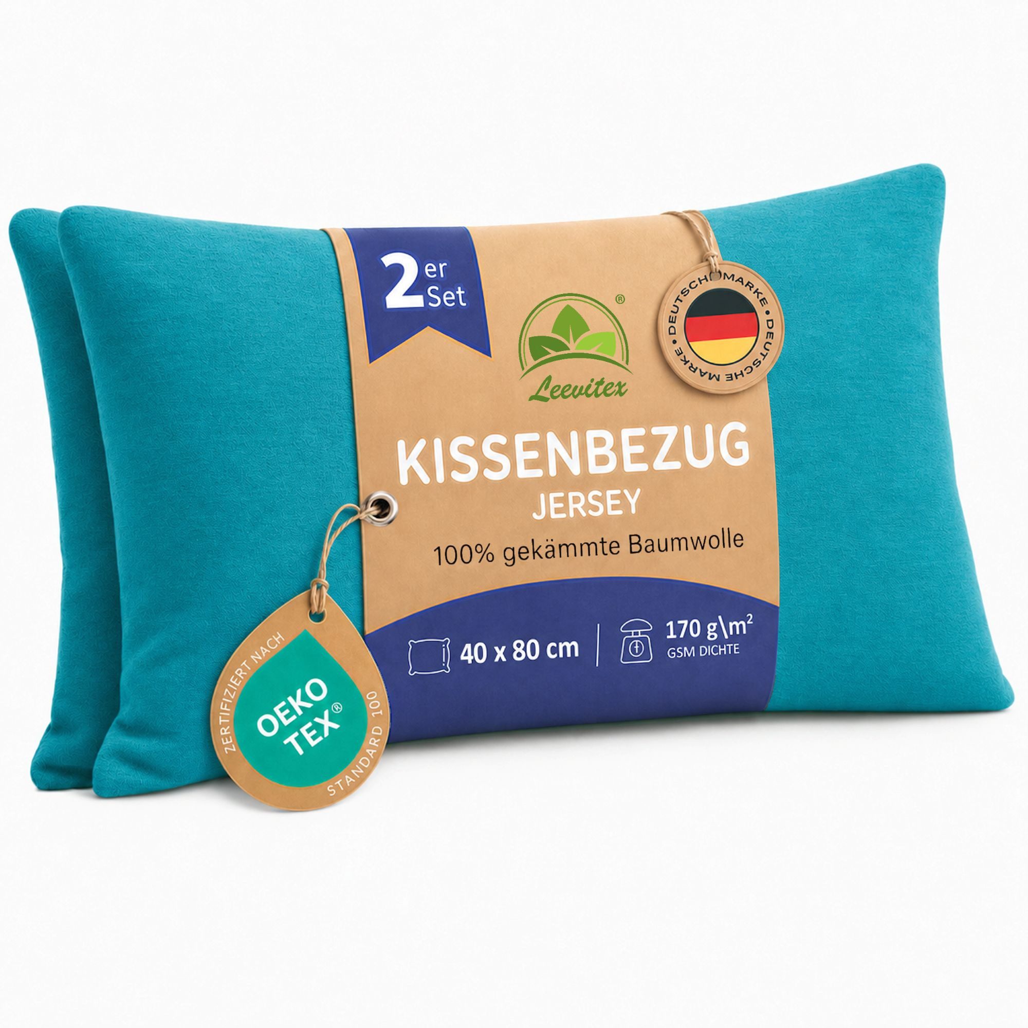 leevitex® Kissenbezüge Kissenbezug 40 x 80 cm, 2er Set, Petrol/Smaragdblau, (2 Stück), feine Jersey-Qualität, 100% Baumwolle, robuster Reißverschluss