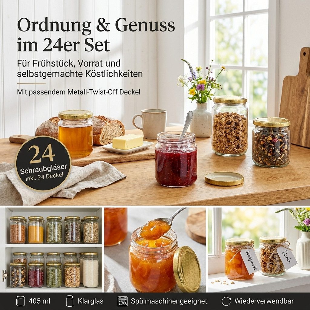 gouveo Honigglas 500g mit Schraub-Deckel - Leere Vorratsgläser 405 ml für Honig, Metall TO82 Bienenwabe, (12-tlg)