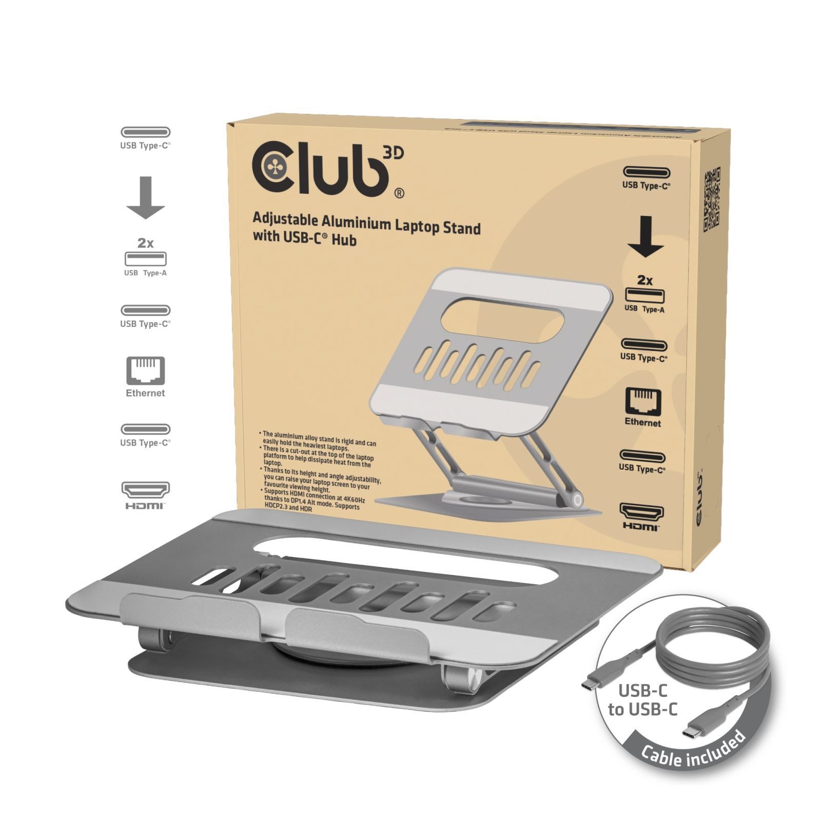 CLUB3D Laptop-Dockingstation CLUB3D Verstellbarer Aluminium-Laptop-Ständer mit USB-C® Hub