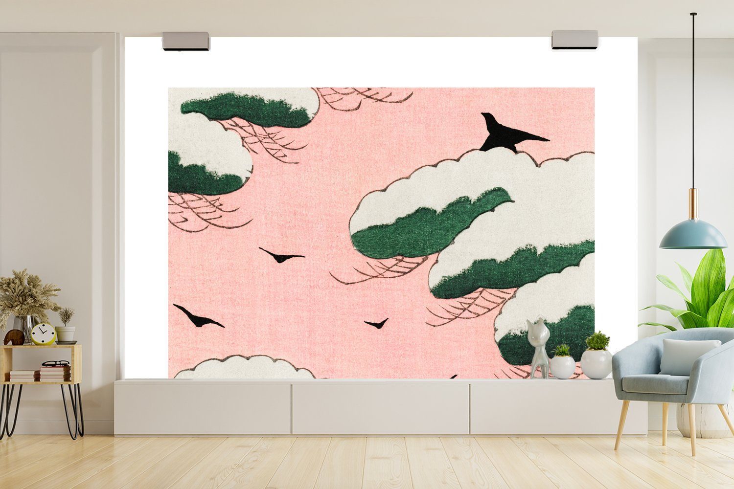 MuchoWow Fototapete Wolken - Vogel St), bedruckt, Skandinavisch, Tapete - Vinyl Wohnzimmer, Schlafzimmer, - (6 Retro Kinderzimmer, Japanisch Matt, Wallpaper - für