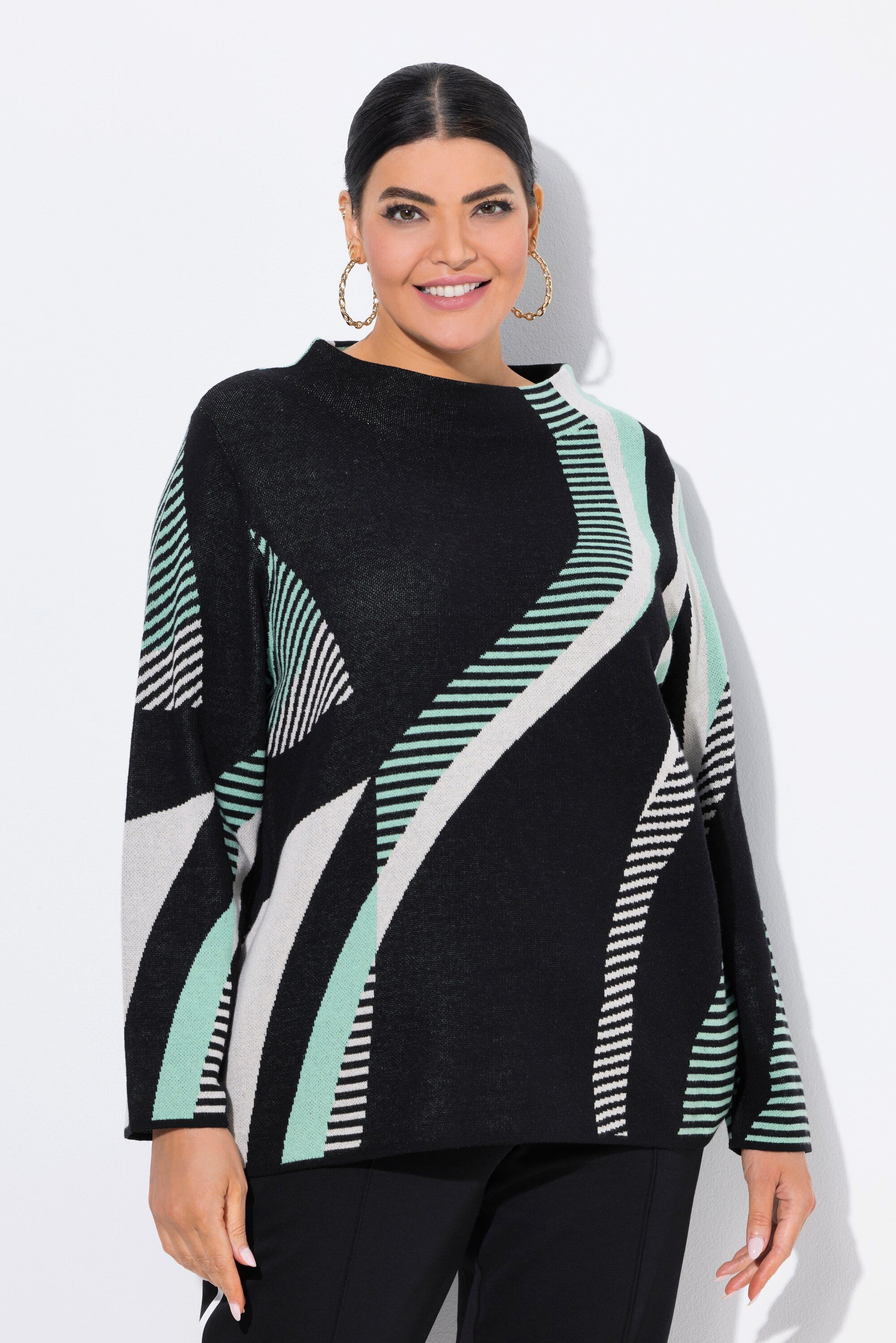 Ulla Popken Strickpullover Pullover Jacquardstrick Stehkragen Langarm günstig online kaufen