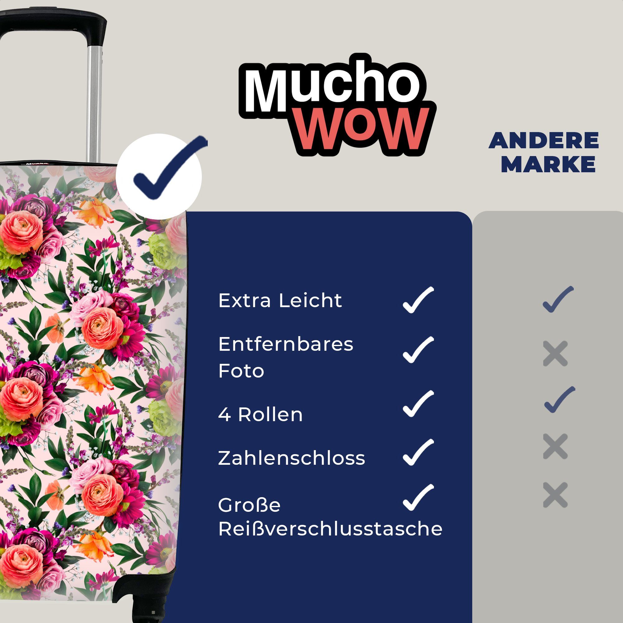 MuchoWow Handgepäckkoffer Blumen - rollen, Farben Rollen, Reisetasche Trolley, Reisekoffer Muster, mit für 4 Handgepäck Ferien, 